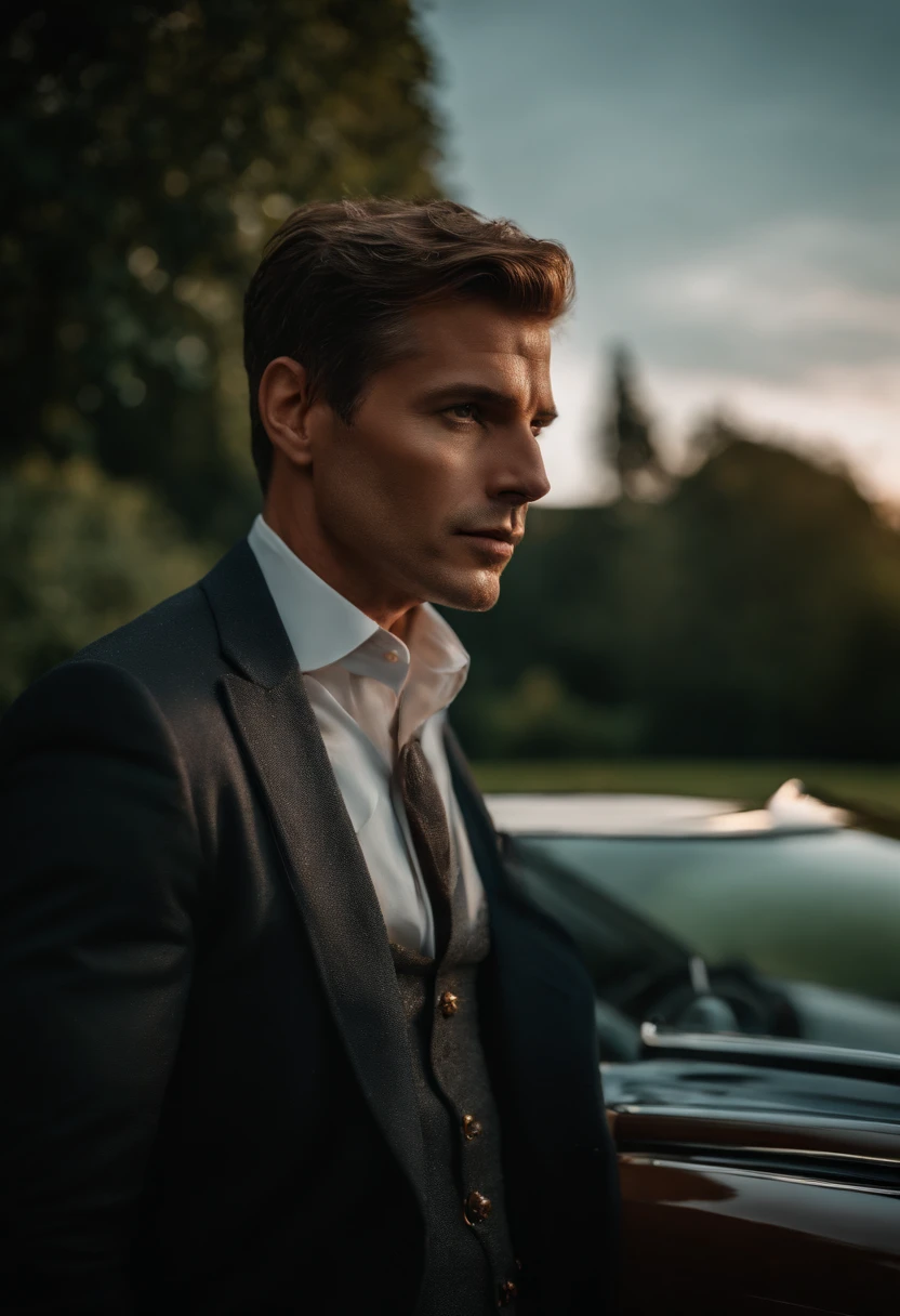 corps entier, wide-angle photo close-up portrait of the body of a handsome man , Grand et en forme, (40 ans:1.1), (shaven:1.2) , (very short brown hair:1.5),(very short hair:1.6). Dark blue tight velvet suit. (posing outside the mansion with a luxury car:1.1),Cold and dark sunset at dusk, (Edge Light:1.1),(Concentrez-vous sur les yeux), (Proud look), (hard light on the skin:1.2), (ombres dures, dark themed, Contraste profond:1.1), (photographie de portrait par Annie Liebovitz), Dark mint theme and choral aesthetics, (skin imperfections)