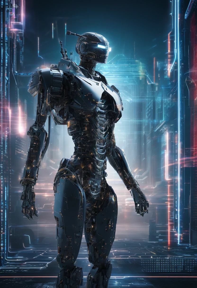 An image of a futuristic digital landscape, with code threads flowing in the background. No centro da imagem, features a visual representation of a highly sophisticated robot, com circuitos detalhados e efeitos de luz pulsantes. Ao redor dela, illustrations of Facebook social media posts that are being automatically created and disseminated. Smooth transition effects connect AI to ad creation. The image conveys a sense of advanced technology and efficiency