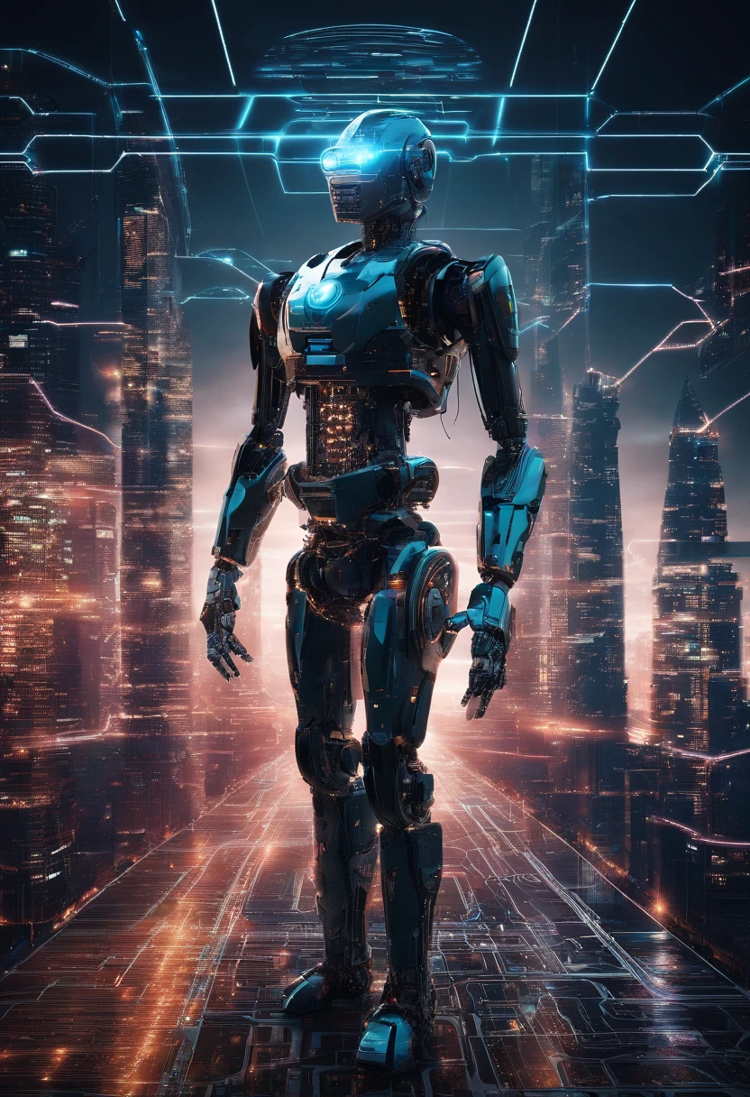 An image of a futuristic digital landscape, with code threads flowing in the background. No centro da imagem, features a visual representation of a highly sophisticated robot, com circuitos detalhados e efeitos de luz pulsantes. Ao redor dela, illustrations of Facebook social media posts that are being automatically created and disseminated. Smooth transition effects connect AI to ad creation. The image conveys a sense of advanced technology and efficiency