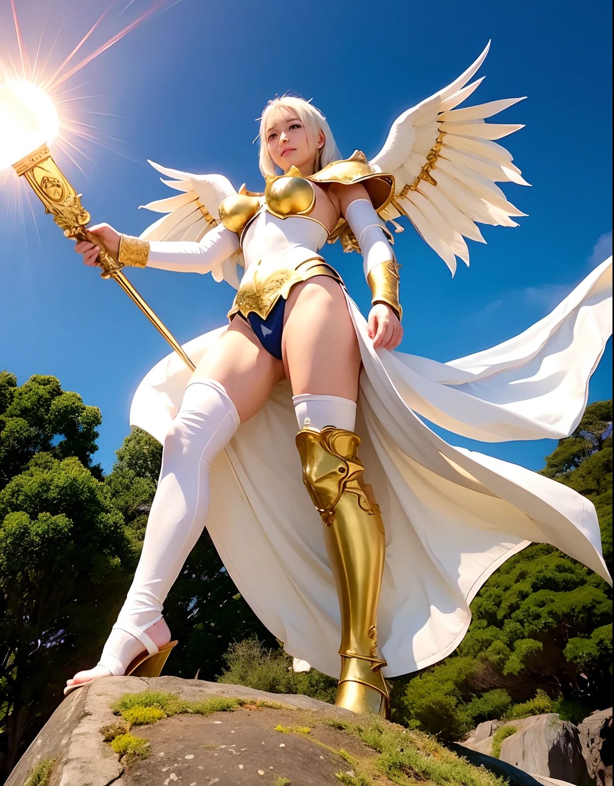 Professional , ​masterpiece、top-quality、photos realistic , depth of fields 、（Fight fiercely with dragons）、A smile、（White bikini armor)、（Particles of light）、（Glamorous body）、Colossal tits、Jewel Gold Weapon、Particles of light),Gorgeous gold weapons ,（（ Gorgeous Dragon Sword）） , （White angel wings grow）,（maikurobikini） 、（（White hair））、（Castle background）、（（Gangle's forest background））、Beautiful Caucasian beauty、１a person、dynamic ungle,(((A small ring of light floating overhead)))、Smaller head、Idle Smile、Thin and beautiful female hands、Mystical expression、Light Effects、intense fighting、Wind-effect、magic circles、（White angel wings grow）、