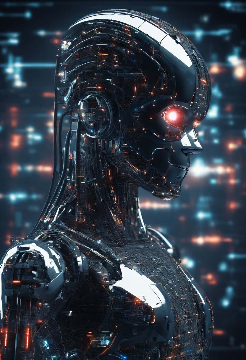 An image of a futuristic digital landscape, with code threads flowing in the background. No centro da imagem, features a visual representation of a highly sophisticated robot, com circuitos detalhados e efeitos de luz pulsantes. Ao redor dela, illustrations of Facebook social media posts that are being automatically created and disseminated. Smooth transition effects connect AI to ad creation. The image conveys a sense of advanced technology and efficiency