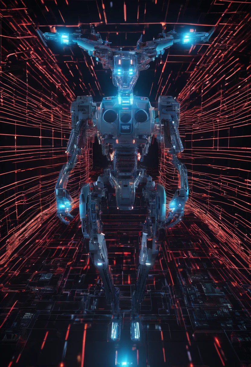 An image of a futuristic digital landscape, with code threads flowing in the background. No centro da imagem, features a visual representation of a highly sophisticated robot, com circuitos detalhados e efeitos de luz pulsantes. Ao redor dela, illustrations of Facebook social media posts that are being automatically created and disseminated. Smooth transition effects connect AI to ad creation. The image conveys a sense of advanced technology and efficiency