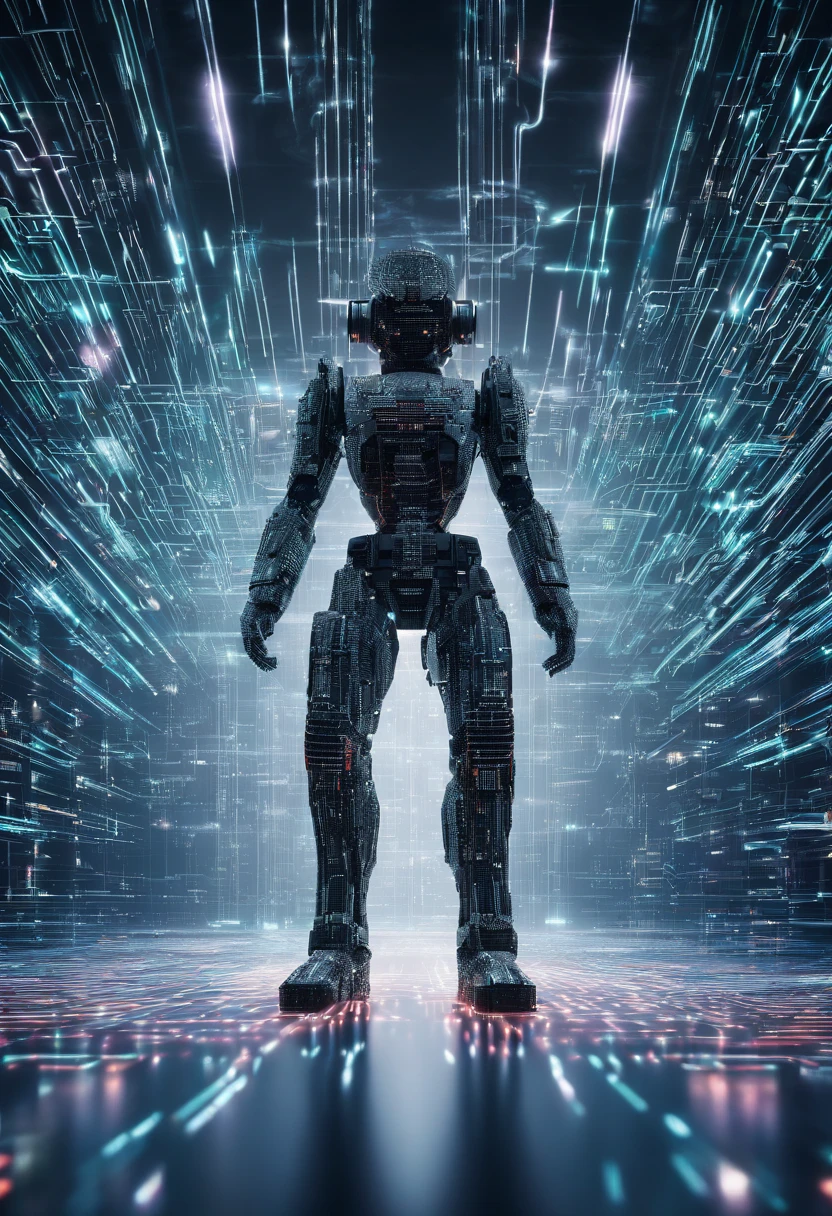 An image of a futuristic digital landscape, with code threads flowing in the background. No centro da imagem, features a visual representation of a highly sophisticated robot, com circuitos detalhados e efeitos de luz pulsantes. Ao redor dela, illustrations of Facebook social media posts that are being automatically created and disseminated. Smooth transition effects connect AI to ad creation. The image conveys a sense of advanced technology and efficiency
