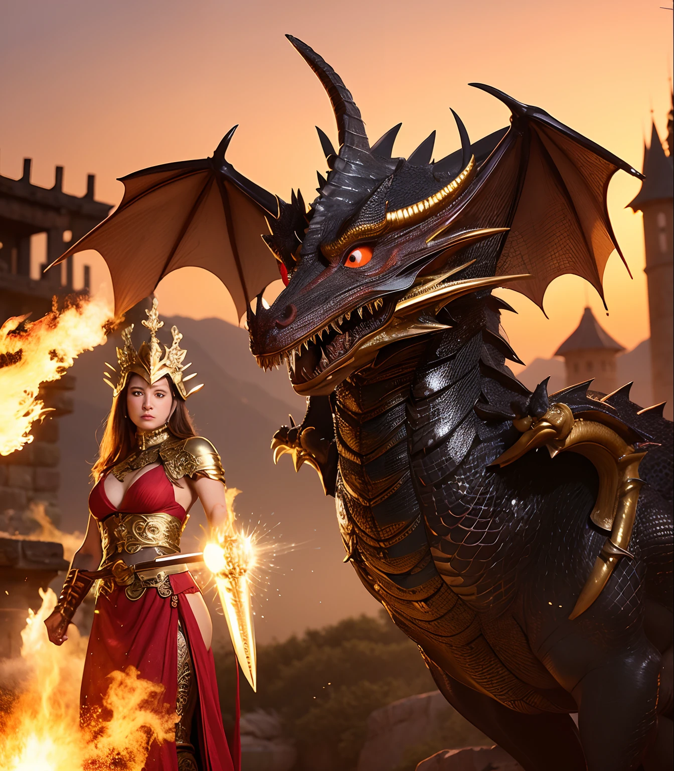 Professional , masterpiece、top-quality、photos realistic , depth of fields 、(Dragon Black Metal Body:1.9),(Mattretto、(cleavage of the breast)、Dragon Gold Weapon、(Micro Bikini Armor:1.4),Gorgeous gold weapons ,Particles of light、Particles of light、(( Dragon's dense and gorgeous sword)) , (demonic wings)、((a blond))、(Castle background)、Fight dragons、((Gangle's forest background))、Take intense poses、Beautiful Caucasian beauty、1a person、dynamic ungle,(((Detailed and ornate dragon helmet)))、Smaller head、A smile、Castle background、Thin and beautiful female hands、cleavage of the breast、Soldier in iron armor on background、Mystical expression、Light Effects、intense fighting、Wind-effect、magic circles、With the legendary magic wand、Dragon's tail、explosions、