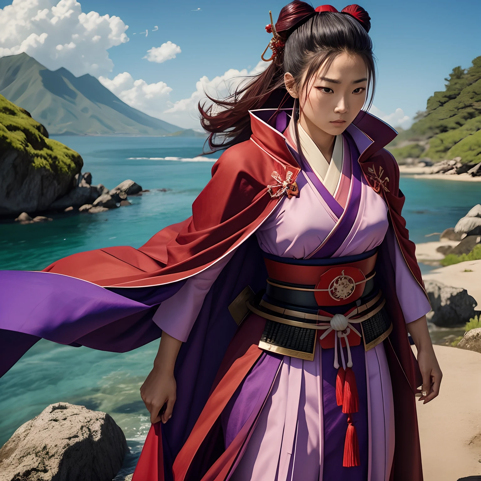 female samurai wearing a red robe with a purple cape standing on a small island