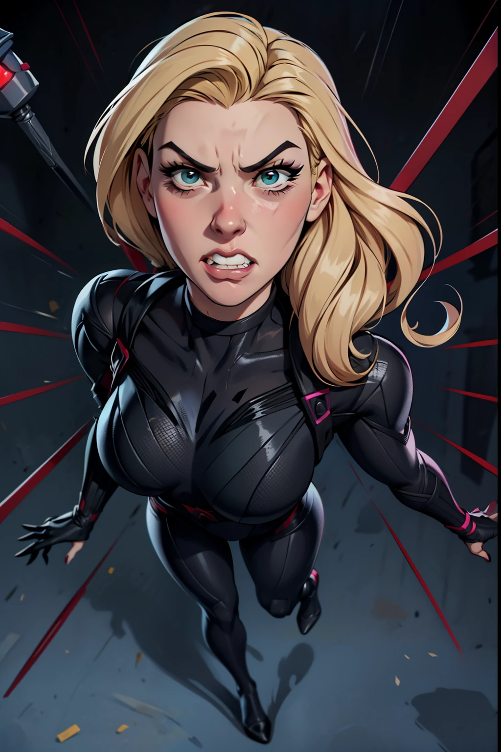 A cartoon of a blonde woman with long hair fluttering in the wind in a black widow suit, full-body vision from head to toe, with an angry expression on his face, Sobrancelhas Arqueadas, TESTA Franzida, boca aberta, Gritando, clenched teeth on display, Gwen Stacy, black canary, invisible woman, Retrato de Emma Frost, betty cooper, Emma Geada, personagem de quadrinhos, ((Black Widow)), color digital illustration, Commission for High Res, INSPIRADO EM j. Scott Campbell, estilo desenho animado, arte linear, dinamic angle, View from above, LINHAS DEMARCADAS EM TINTA, foco nítido, cinematic lighthing, dia (1:4)
