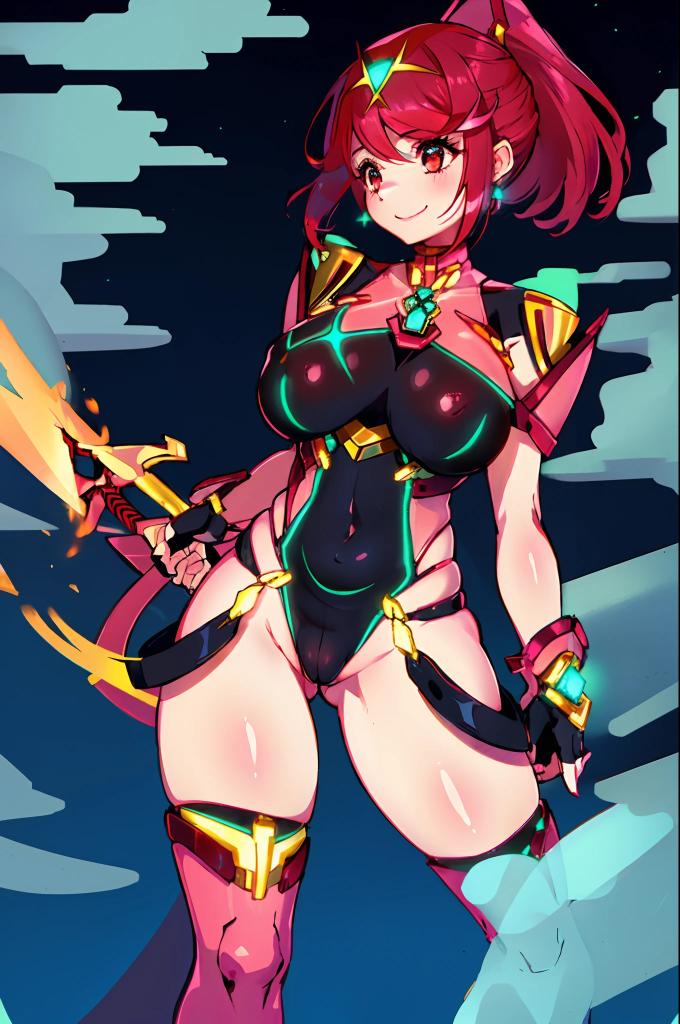 pyra \(xenoblade\), _1girl, lolings, black gloves, breasts, red eyes, shout, earrings, eyelashes, fingerless gloves, floating hair, , gem, gloves, hair ornament, headpiece, jewelry, big_breasts, leaning back, swimsuit, neon trim, official art, pose, red hair, saitou masatsugu, short hair, sidelocks, skin tight, solo, swept bangs, thighhighs, tiara, fantasy_town_background, underbust, xenoblade chronicles \(series\), (xenoblade chronicles 2), (spread_legs:1.1), fire_effect,dynamic_pose,fighting,light_smile, (plump:1.1), big_ass,huge_sword, hold_large_sword_hilt, covered_nipples, covered_pussy, fists,ponytail,beautiful_fingers,(solo:1.1), bare_shoulder,(shoulder_naked:1.2)