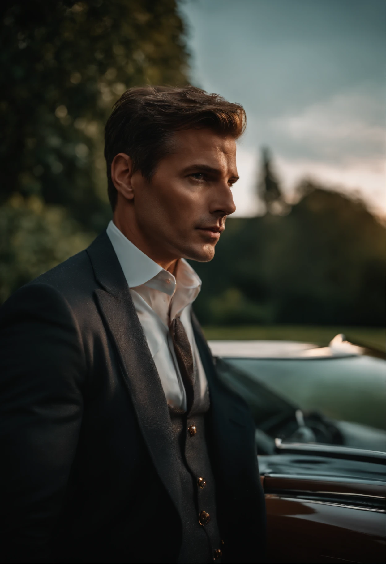 corps entier, wide-angle photo close-up portrait of the body of a handsome man , Grand et en forme, (40 ans:1.1), (shaven:1.2) , (very short brown hair:1.5),(very short hair:1.6). Dark blue tight velvet suit. (posing outside the mansion with a luxury car:1.1),Cold and dark sunset at dusk, (Edge Light:1.1),(Concentrez-vous sur les yeux), (Proud look), (hard light on the skin:1.2), (ombres dures, dark themed, Contraste profond:1.1), (photographie de portrait par Annie Liebovitz), Dark mint theme and choral aesthetics, (skin imperfections)