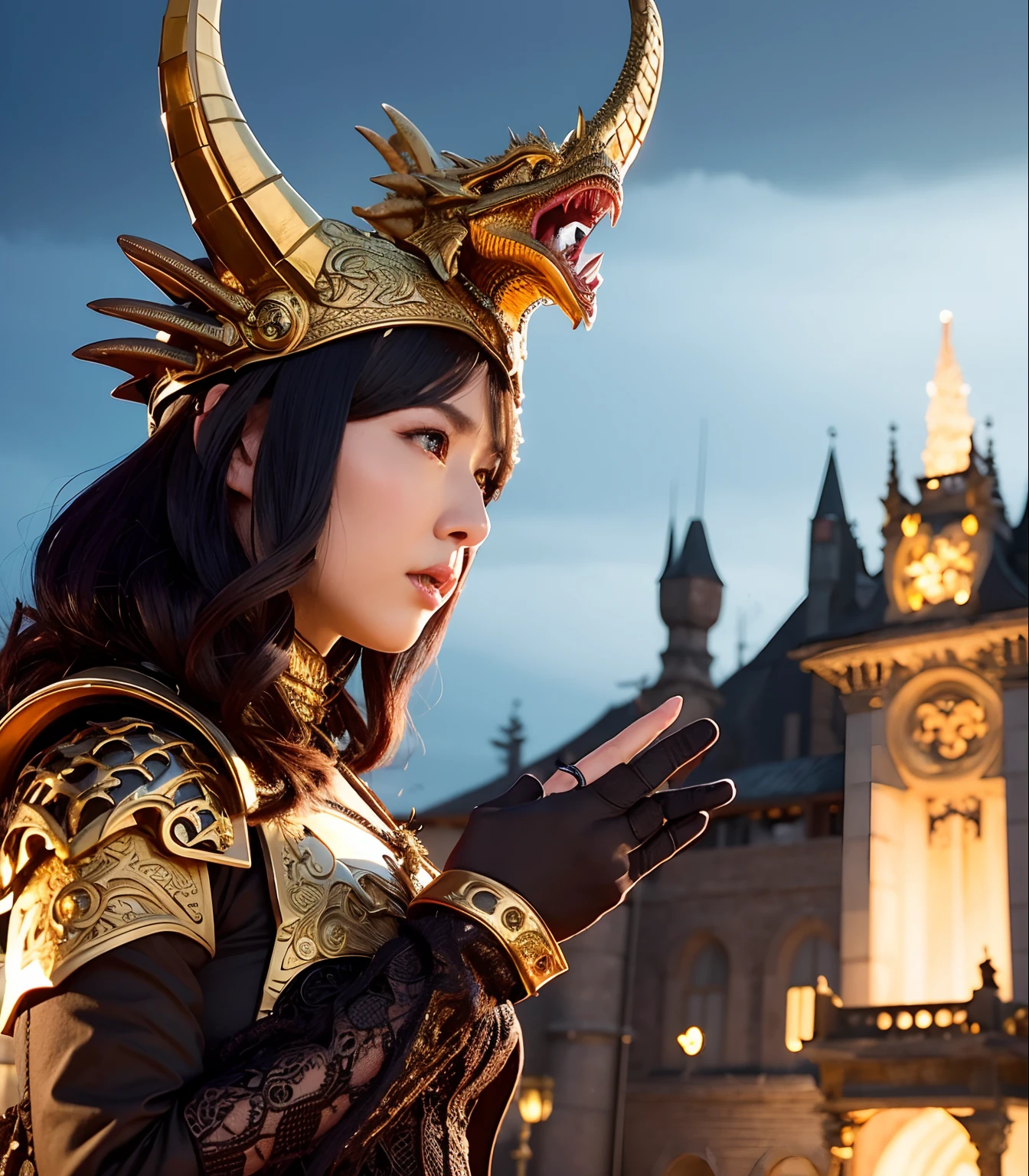 Professional , masterpiece、top-quality、photos realistic , depth of fields 、(Fight the Dragon Knight with the Dragon Mask),(Dragon Black Metal Body:1.4),(Matte Black、、Light Effects、(cleavage of the breast)、(Fight dragons)、(Seductive look)、Dragon Gold Weapon、Mystical expression、(bikini-armor),Gorgeous gold weapons ,(( Dragon's dense and gorgeous sword)) , Beautiful knife ,warhammer 40k , adepta sororitas,Detail and gorgeous crown、((Golden hair))、(Castle background)、The dragon、((Gangle's forest background))、Beautiful Caucasian beauty、(1a person)、dynamic ungle,(((Detailed and ornate dragon helmet)))、Smaller head、Castle background、Thin and beautiful female hands、cleavage of the breast、Soldier in iron armor on background、Mystical expression、Light Effects、intense fighting、Wind-effect、magic circles、With the legendary magic wand、(demonic wings)、Toostock、