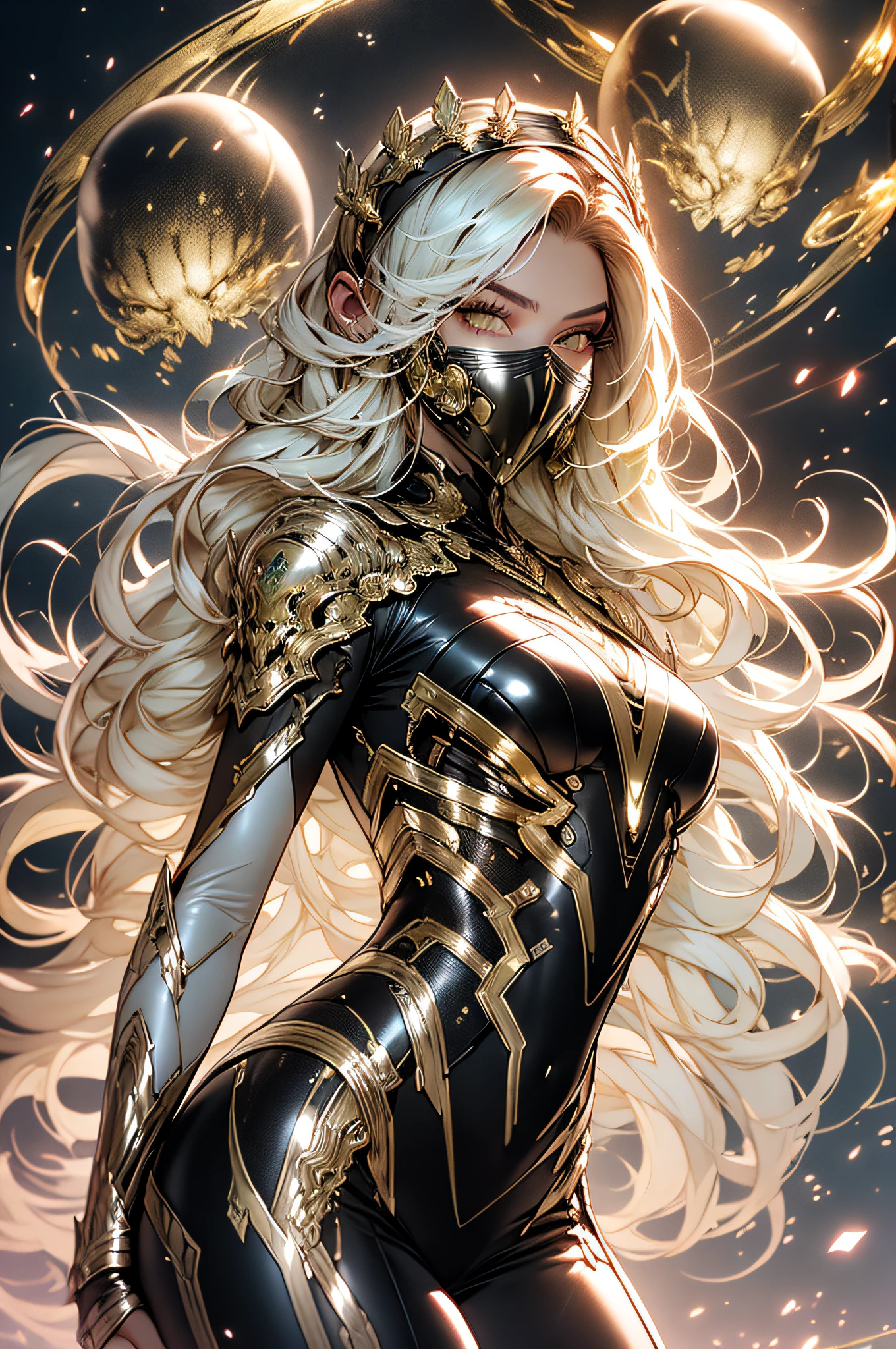 Mulher em um vestido transparente dourado,salto alto, (((Seios enormes, clivagem grande))),cintura fina,(umbigo baring,cintura nua), cabelos longos, Detalhes ultra-detalhados,Zhenyi Station top of the range, Local da tempestade, arte de fantasia detalhada, arte de personagem impressionante, Arte de personagem bonita e requintada, Bela armadura de ouro e prata, extremamente detalhado, Menina na armadura brilhante, Tiaras e joias requintadas,filigrana de joias de cristal, Captura de corpo inteiro, milky ways, visuais deslumbrantes, (dynamic streaks, trilhas leves:1.2), cores vibrantes,