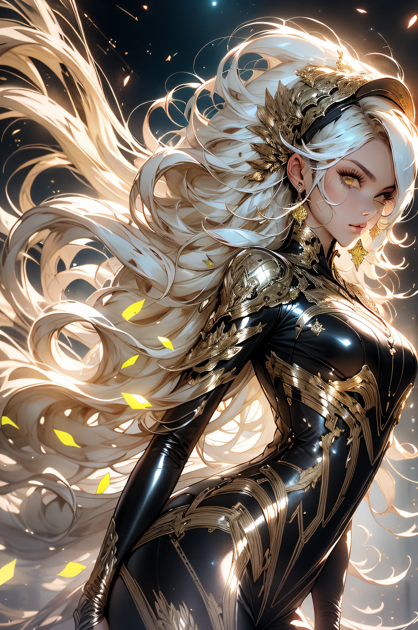 Mulher em um vestido transparente dourado,salto alto, (((Seios enormes, clivagem grande))),cintura fina,(umbigo baring,cintura nua), cabelos longos, Detalhes ultra-detalhados,Zhenyi Station top of the range, Local da tempestade, arte de fantasia detalhada, arte de personagem impressionante, Arte de personagem bonita e requintada, Bela armadura de ouro e prata, extremamente detalhado, Menina na armadura brilhante, Tiaras e joias requintadas,filigrana de joias de cristal, Captura de corpo inteiro, milky ways, visuais deslumbrantes, (dynamic streaks, trilhas leves:1.2), cores vibrantes,