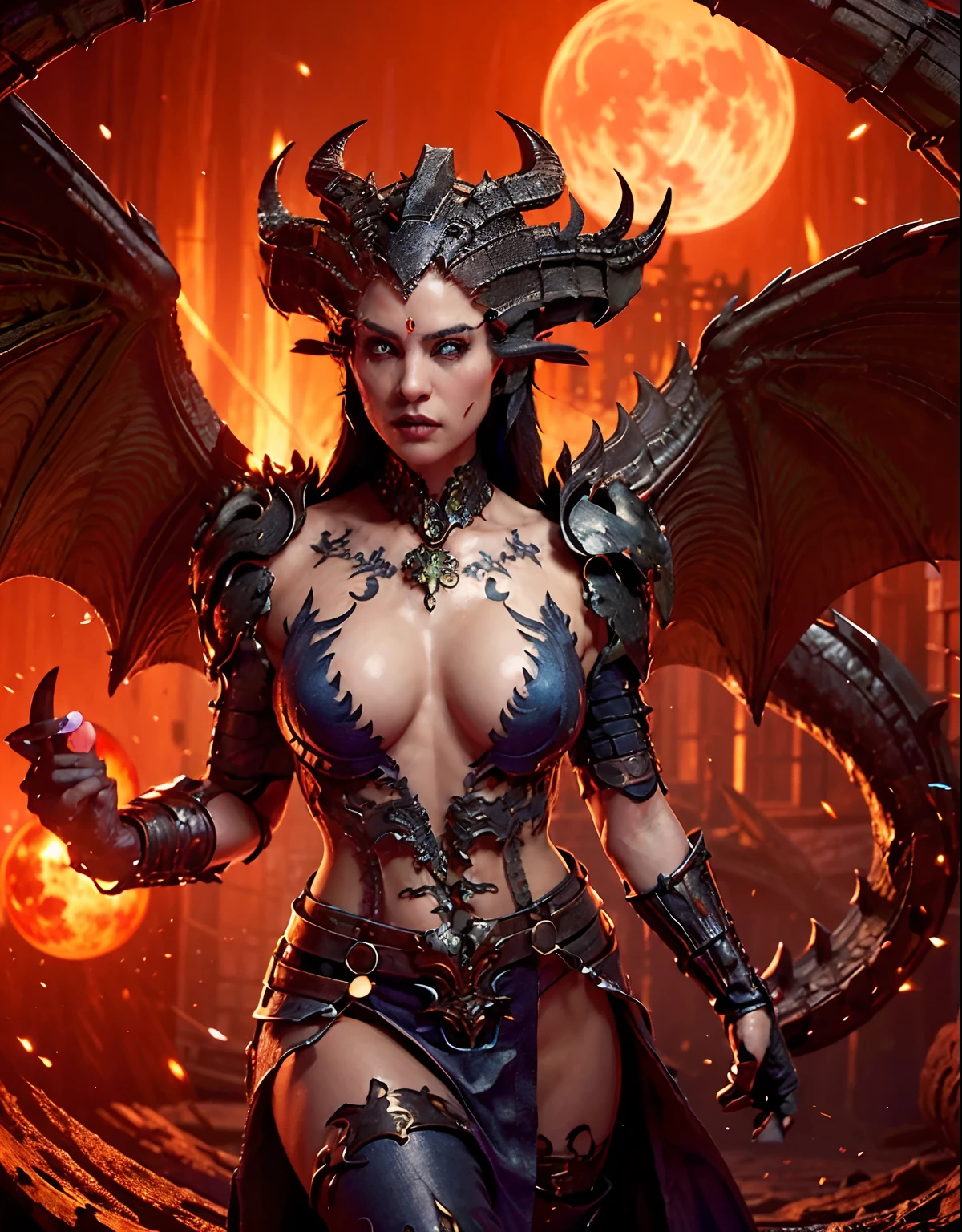 Professional , masterpiece、top-quality、photos realistic , depth of fields 、(Dragon Metal Body:1.9),(Enamellet、(cleavage of the breast)、Mystical expression、(fullmoon:1.2)、Dragon Gold Weapon、(Micro Bikini Armor:1.4),Gorgeous gold weapons ,(((Particles of light)))、Light Effects、Bright blue eyes glow、(( Dragon's dense and gorgeous sword)) , (demonic wings)、((Red-haired))、(Castle background)、((Gangle's forest background))、((Fight dragons))、Beautiful Caucasian beauty、1a person、dynamic ungle,(((Detailed and ornate dragon helmet)))、Smaller head、A smile、Castle background、Thin and beautiful female hands、cleavage of the breast、Soldier in iron armor on background、Mystical expression、Light Effects、intense fighting、Wind-effect、magic circles、With the legendary magic wand、Dragon's tail、explosions、Anatomically correct body、((Detailed hands and fingers)),