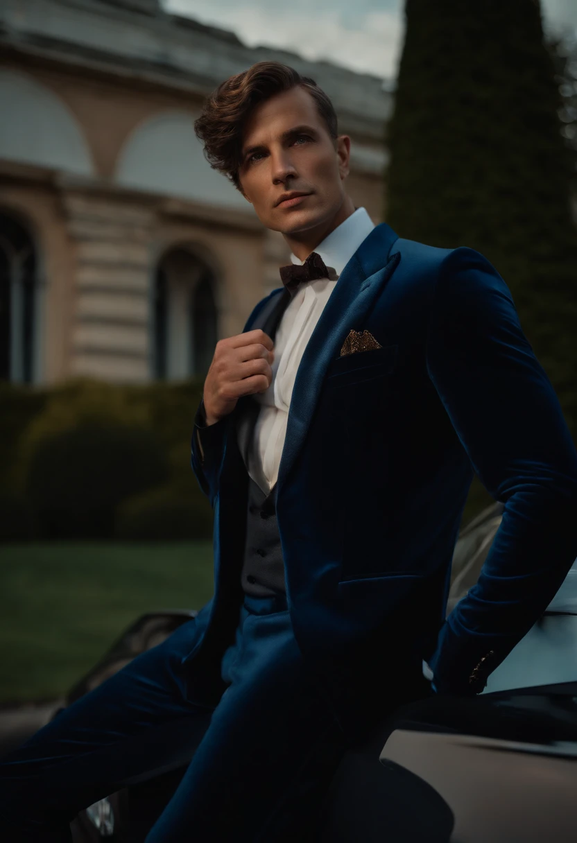 corps entier, wide-angle photo close-up portrait of the body of a handsome man , Grand et en forme, (40 ans:1.1), (shaven:1.2) , (very short brown hair:1.5),(very short hair:1.6). (Dark blue tight velvet suit:1.3). (posing outside the mansion with a luxury car:1.1),Cold and dark sunset at dusk, (Edge Light:1.1),(Concentrez-vous sur les yeux), (Proud look), (hard light on the skin:1.2), (ombres dures, dark themed, Contraste profond:1.1), (photographie de portrait par Annie Liebovitz), Dark mint theme and choral aesthetics, (skin imperfections)
