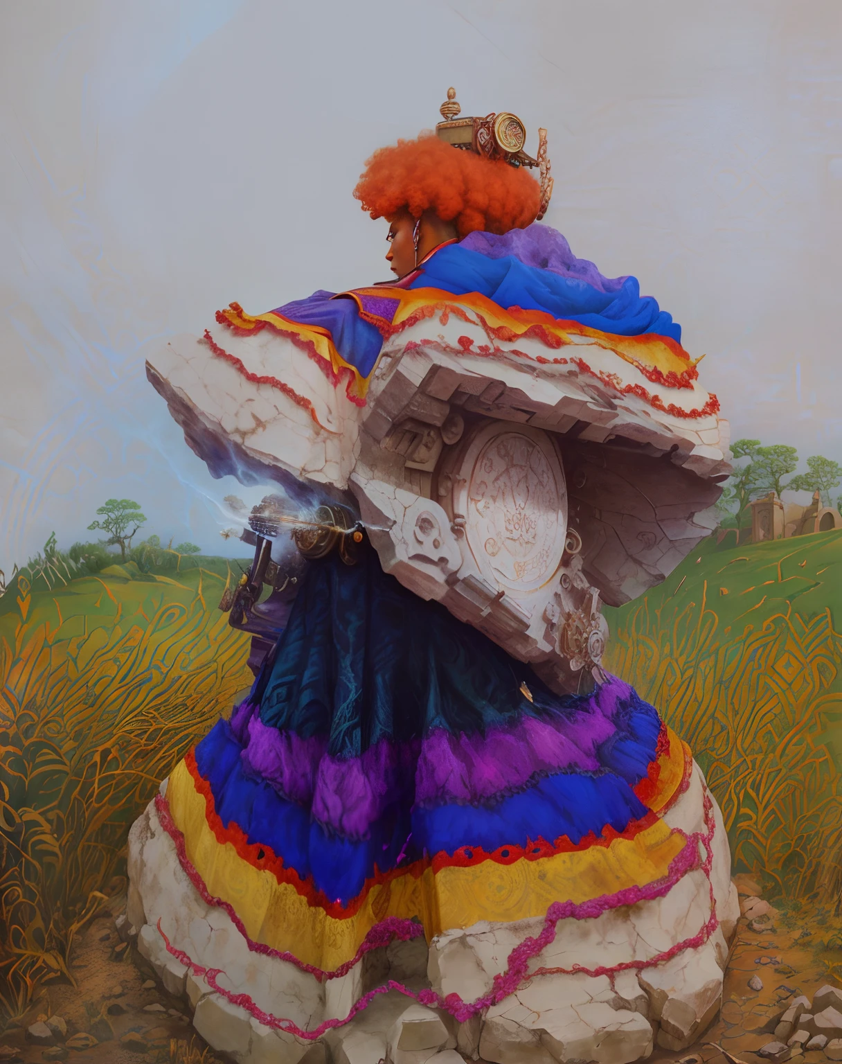 (best quality:1.2,high-quality,detailed art,magical atmosphere,ancient technology,divine presence,stone texture,high-quality illustration,poster,afro,Steampunk,non-human)