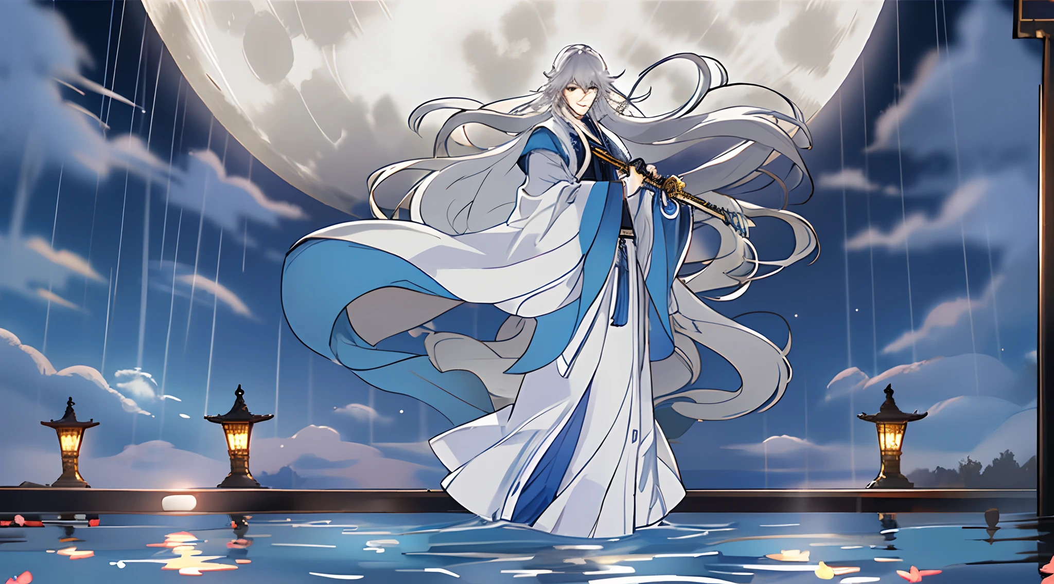 The male,Male,White Hanfu,long white hair,Long flowing hair,Wide robe with large sleeves,Ancient wind,Solid color clothes,The clothes do not have any patterns,laughingly,softlighting,water ink,Behind it is the full moon,low-saturation,low-contrast,led floodlights