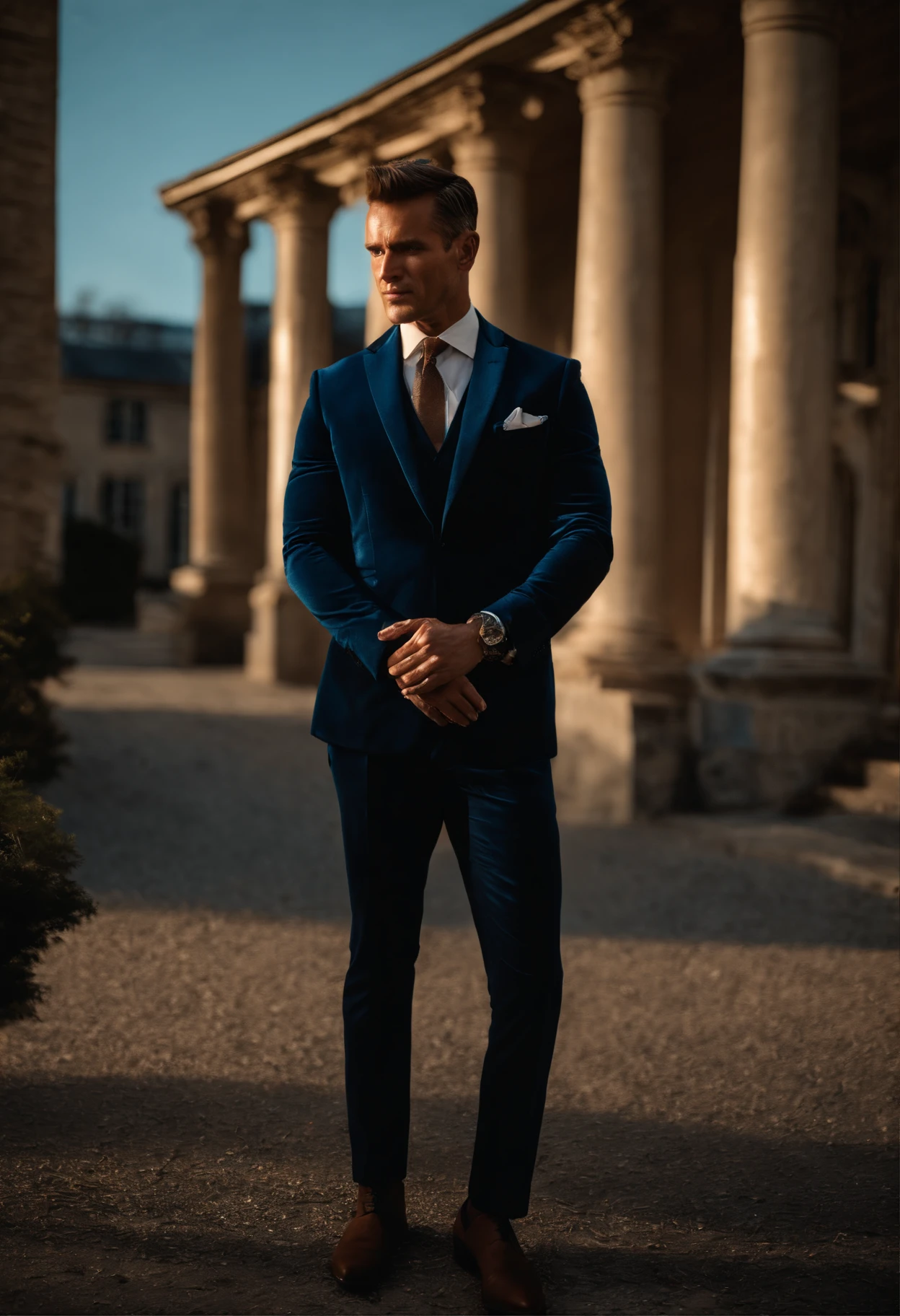 corps entier, wide-angle photo close-up portrait of the body of a handsome man , Grand et en forme, (40 ans:1.1), (shaven:1.2) , (very short brown hair:1.5),(very short hair:1.6). (Dark blue tight velvet suit:1.3). (posing outside the mansion with a luxury car:1.1),Cold and dark sunset at dusk, (Edge Light:1.1),(Concentrez-vous sur les yeux), (Proud look), (hard light on the skin:1.2), (ombres dures, dark themed, Contraste profond:1.1), (photographie de portrait par Annie Liebovitz), Dark mint theme and choral aesthetics, (skin imperfections)