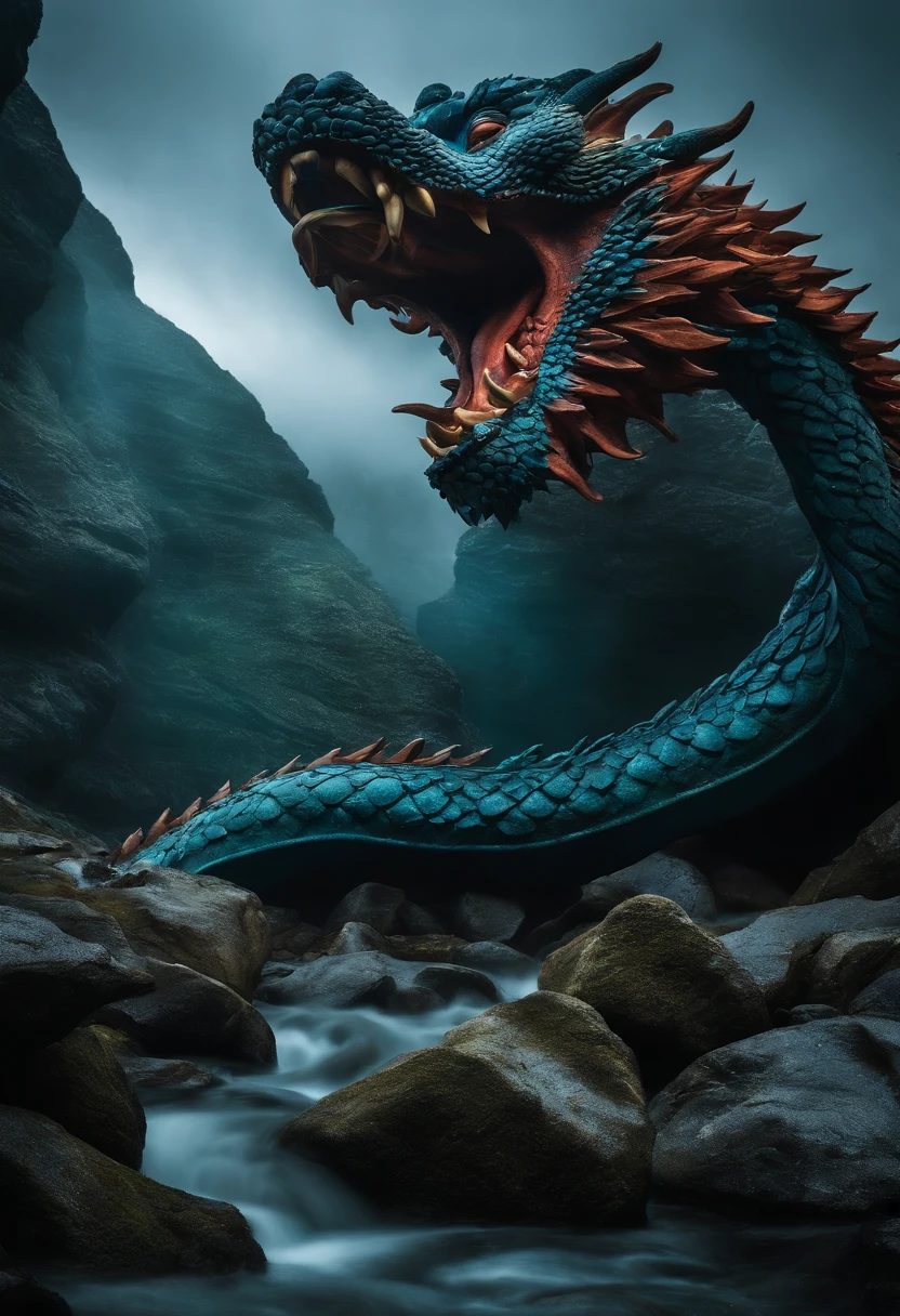 crie uma imagens da escultura com gelo translusido de um dragao dentro de uma caverna