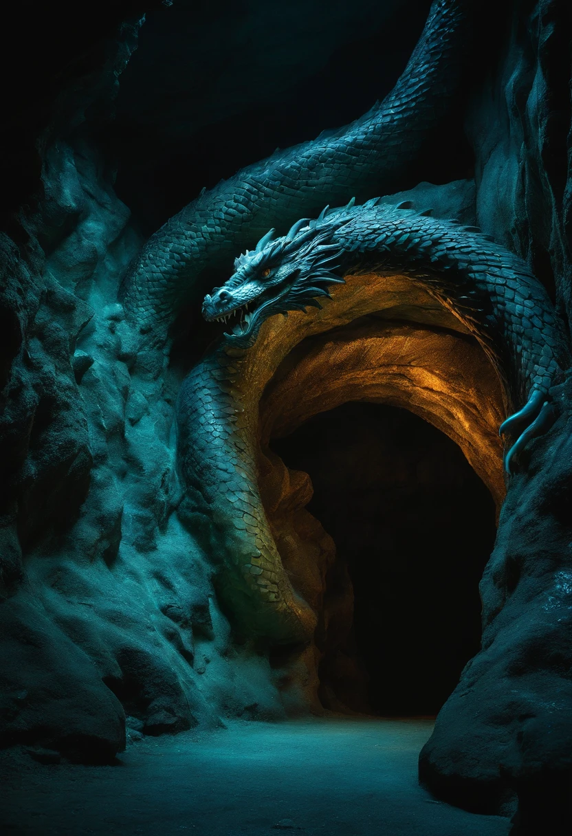 crie uma imagens da escultura com gelo translusido de um dragao dentro de uma caverna