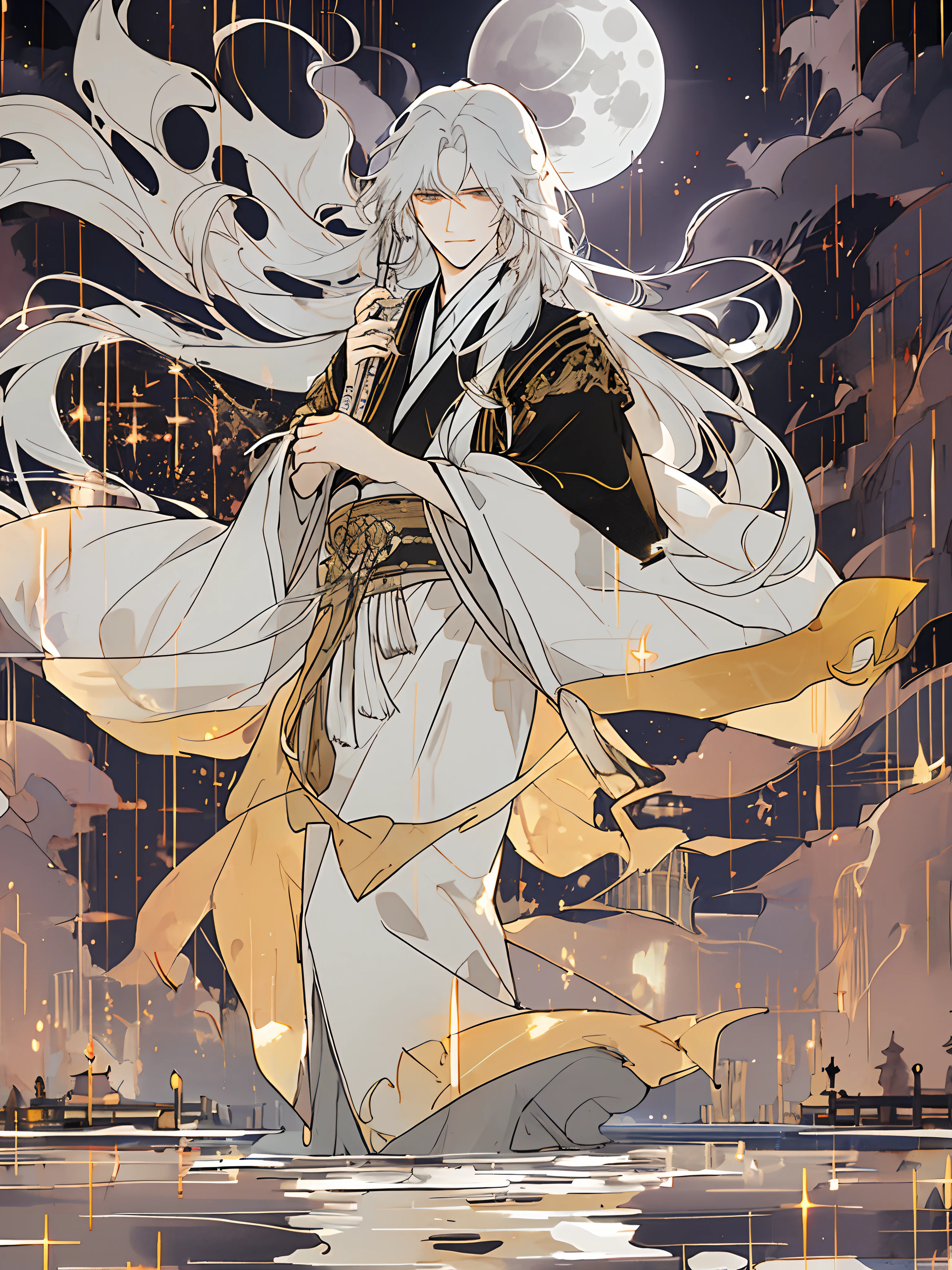 The male,Male,White Hanfu,long white hair,Long flowing hair,Wide robe with large sleeves,Ancient wind,Solid color clothes,The clothes do not have any patterns,laughingly,softlighting,water ink,Behind it is the full moon,low-saturation,low-contrast,led floodlights