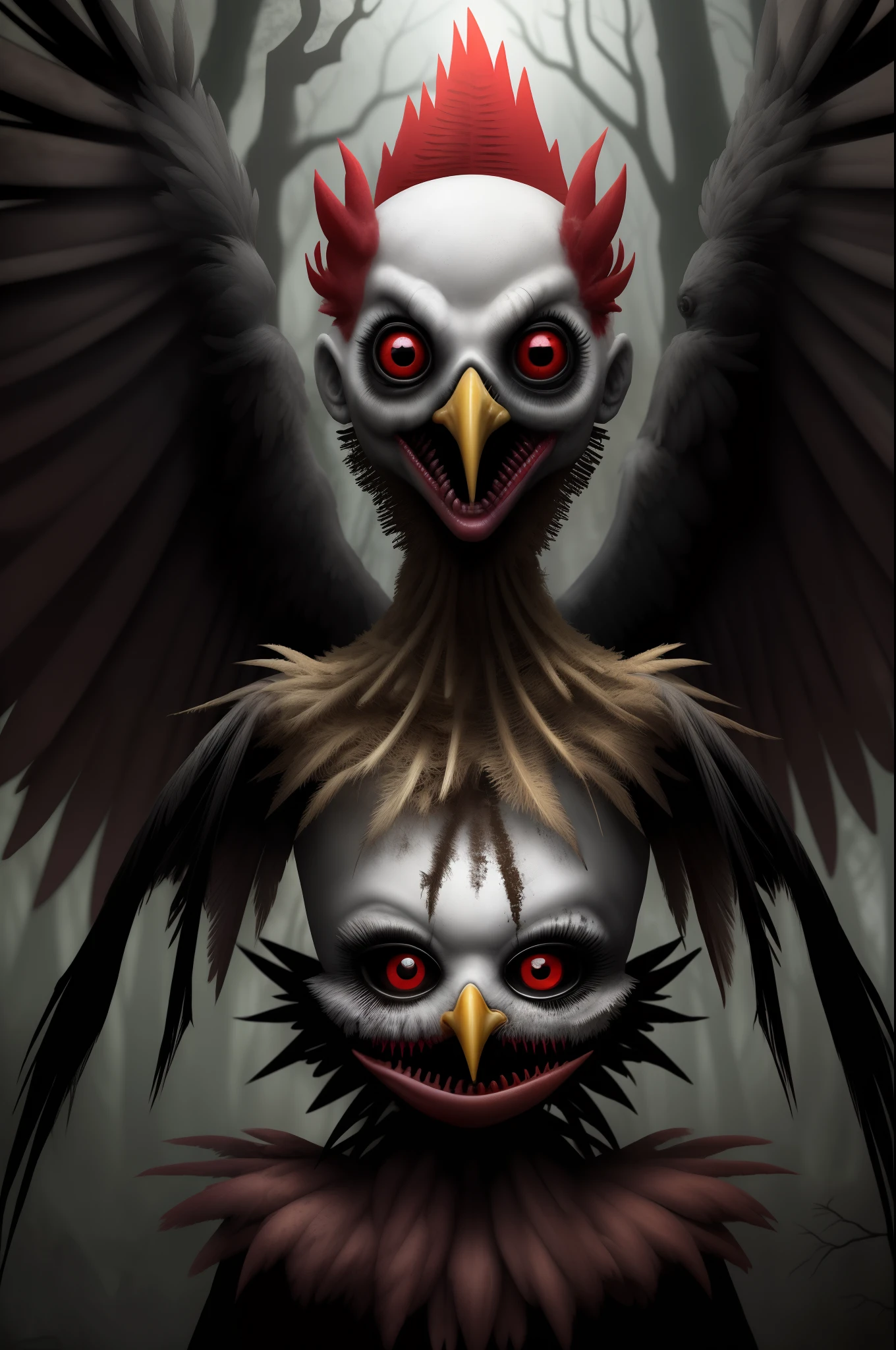 Chicken bird, estilo esqueleto zumbi , Ultra realista, Demonic-style eyes and teeth, corpo saindo fogo, Spooky forest scenery