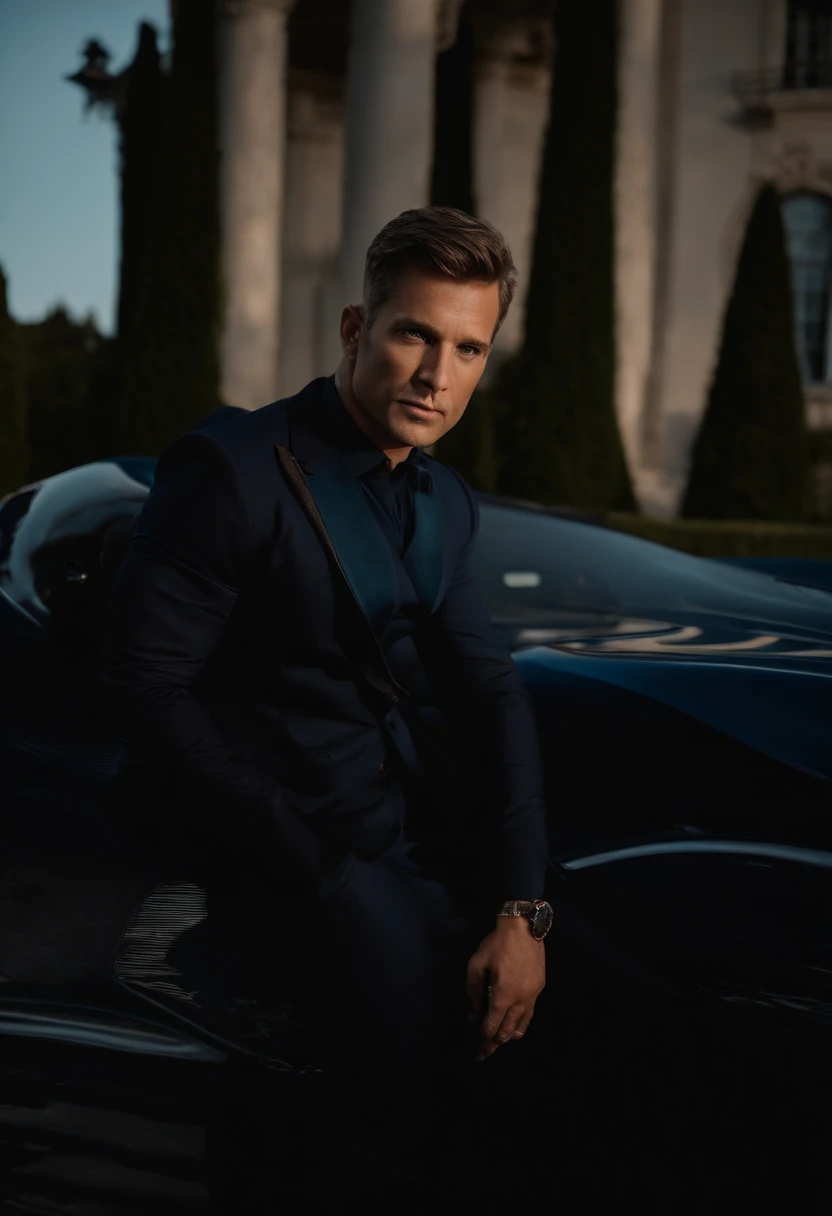 corps entier, wide-angle photo close-up portrait of the body of a handsome man , Grand et en forme, (40 ans:1.1), (shaven:1.2) , (very short brown hair:1.5),(very short hair:1.6). (Tight suit in dark blue velvet:1.3). (posing outside the mansion with a luxury car:1.1),Cold and dark sunset at dusk, (Edge Light:1.1),(Concentrez-vous sur les yeux), (Regard fier), (hard light on the skin:1.2), (ombres dures, dark themed, Contraste profond:1.1), (photographie de portrait par Annie Liebovitz), Dark mint theme and choral aesthetics, (skin imperfections)