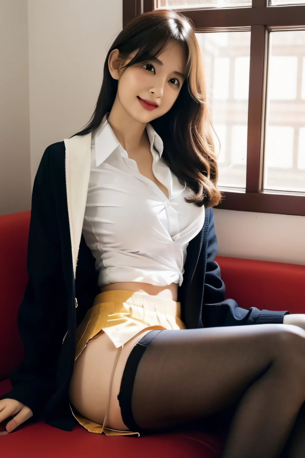 spread legs、upskirt、show off panties、Large breasts、Smirk、School uniform、 Blazer、 Cardigan、 Jacket、 Long sleeves、 tight skirts、 White shirt、leg up、prison、Skirt lift、panties under pantyhose、skirt lift