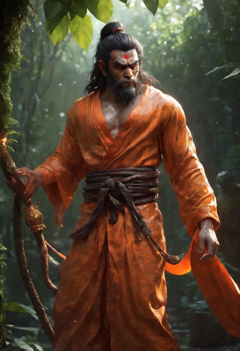 a 35 years old man who has a face of a monkey, has a long tail as a monkey, proper eyes, An Indian god, Lord Hanuman, face of a monkey , moderate stature, has a big tail, Fire on the background, strongly built, broad-chested, narrow-waisted, and long-armed, big golden sword in his hand, in a dark forest (Professional 3D rendering:1.3) by (Realistic:1.3) World's most beautiful art picture, Features soft, dark complexation male heroes , hindu god, indian god, ((Epic hindu god , lord Hanuman, fantasy rough muscular man wet hero angry look long hair long slightly white beard and fierce expression in dynamic pose, wearing a orange robe, inside a jungle, burning lights in the background, majestic environment)), full body 8k unit render, action shot, skin pores, very dark lighting, heavy shading, detailed, Detailed face, (vibrant, photorealistic, Realistic , Dramatic, Dark, sharp focus, 8k), (orange cloths with heavy jewelry r:1.4), (intricate:1.4), decayed, (highly detailed:1.4), painting digital, rendering by octane, art stations, Concept-Art, smooth, sharp focus, illustration, germ of art, (Loish:0.23), Wlop Ilya Kuvshinov, and Greg Rutkowski and Alphonse Mucha Gracias, (global illumination, studiolight, Light Volumetric ), heavy rain, floating particles, scoundrel, fantasy, Eleven, full bodyesbian, ((Dark old city background:1.3)),CGSesociedade,art stations