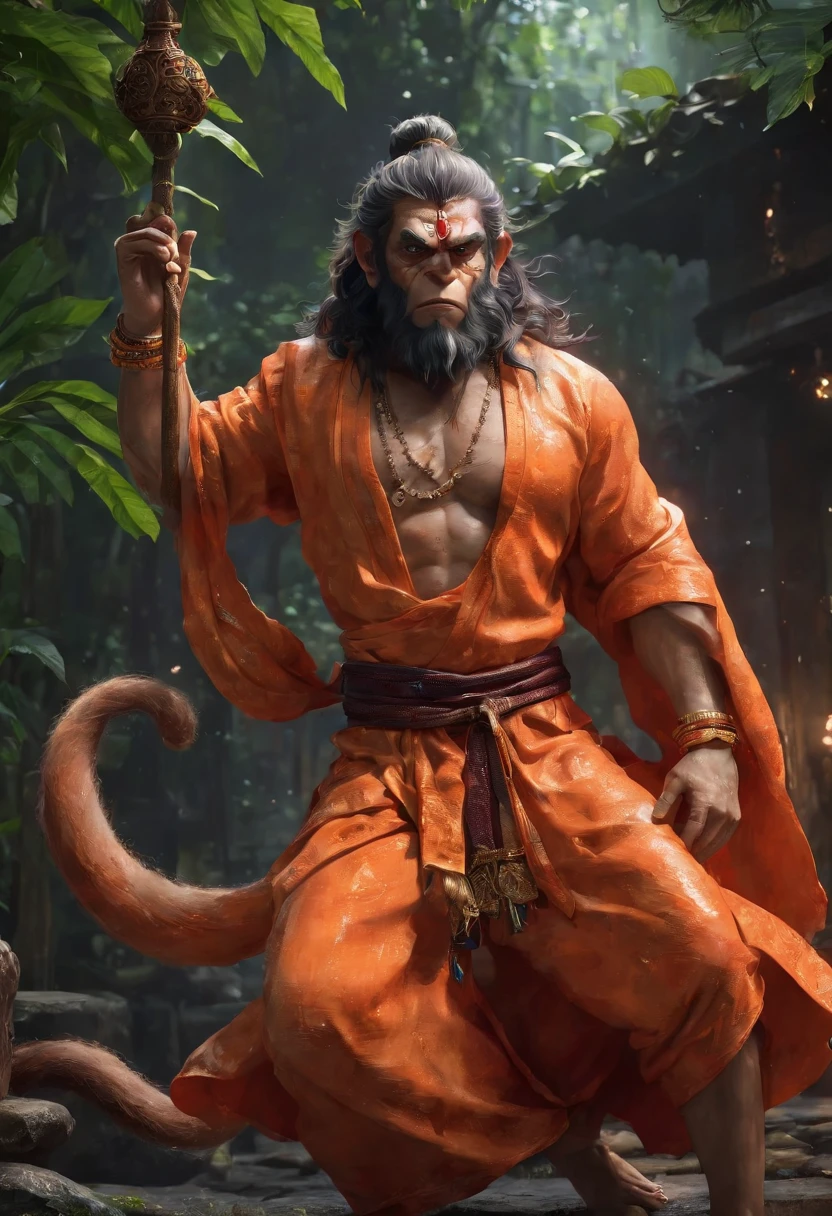 a 35 years old man who has a face of a monkey, has a long tail as a monkey, proper eyes, An Indian god, Lord Hanuman, face of a monkey , moderate stature, has a big tail, Fire on the background, strongly built, broad-chested, narrow-waisted, and long-armed, big golden sword in his hand, in a dark forest (Professional 3D rendering:1.3) by (Realistic:1.3) World's most beautiful art picture, Features soft, dark complexation male heroes , hindu god, indian god, ((Epic hindu god , lord Hanuman, fantasy rough muscular man wet hero angry look long hair long slightly white beard and fierce expression in dynamic pose, wearing a orange robe, inside a jungle, burning lights in the background, majestic environment)), full body 8k unit render, action shot, skin pores, very dark lighting, heavy shading, detailed, Detailed face, (vibrant, photorealistic, Realistic , Dramatic, Dark, sharp focus, 8k), (orange cloths with heavy jewelry r:1.4), (intricate:1.4), decayed, (highly detailed:1.4), painting digital, rendering by octane, art stations, Concept-Art, smooth, sharp focus, illustration, germ of art, (Loish:0.23), Wlop Ilya Kuvshinov, and Greg Rutkowski and Alphonse Mucha Gracias, (global illumination, studiolight, Light Volumetric ), heavy rain, floating particles, scoundrel, fantasy, Eleven, full bodyesbian, ((Dark old city background:1.3)),CGSesociedade,art stations