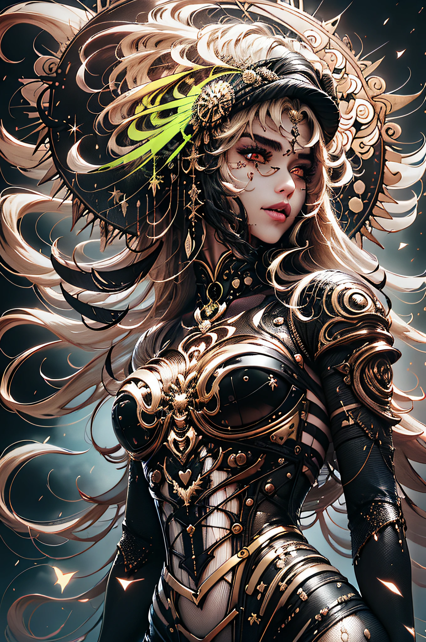 Mulher em um vestido transparente dourado,salto alto, (((Seios enormes, clivagem grande))),cintura fina,(umbigo baring,cintura nua), cabelos longos, Detalhes ultra-detalhados,Zhenyi Station top of the range, Local da tempestade, arte de fantasia detalhada, arte de personagem impressionante, Arte de personagem bonita e requintada, Bela armadura de ouro e prata, extremamente detalhado,  na armadura brilhante, Tiaras e joias requintadas,filigrana de joias de cristal, Captura de corpo inteiro, milky ways, visuais deslumbrantes, (dynamic streaks, trilhas leves:1.2), cores vibrantes,