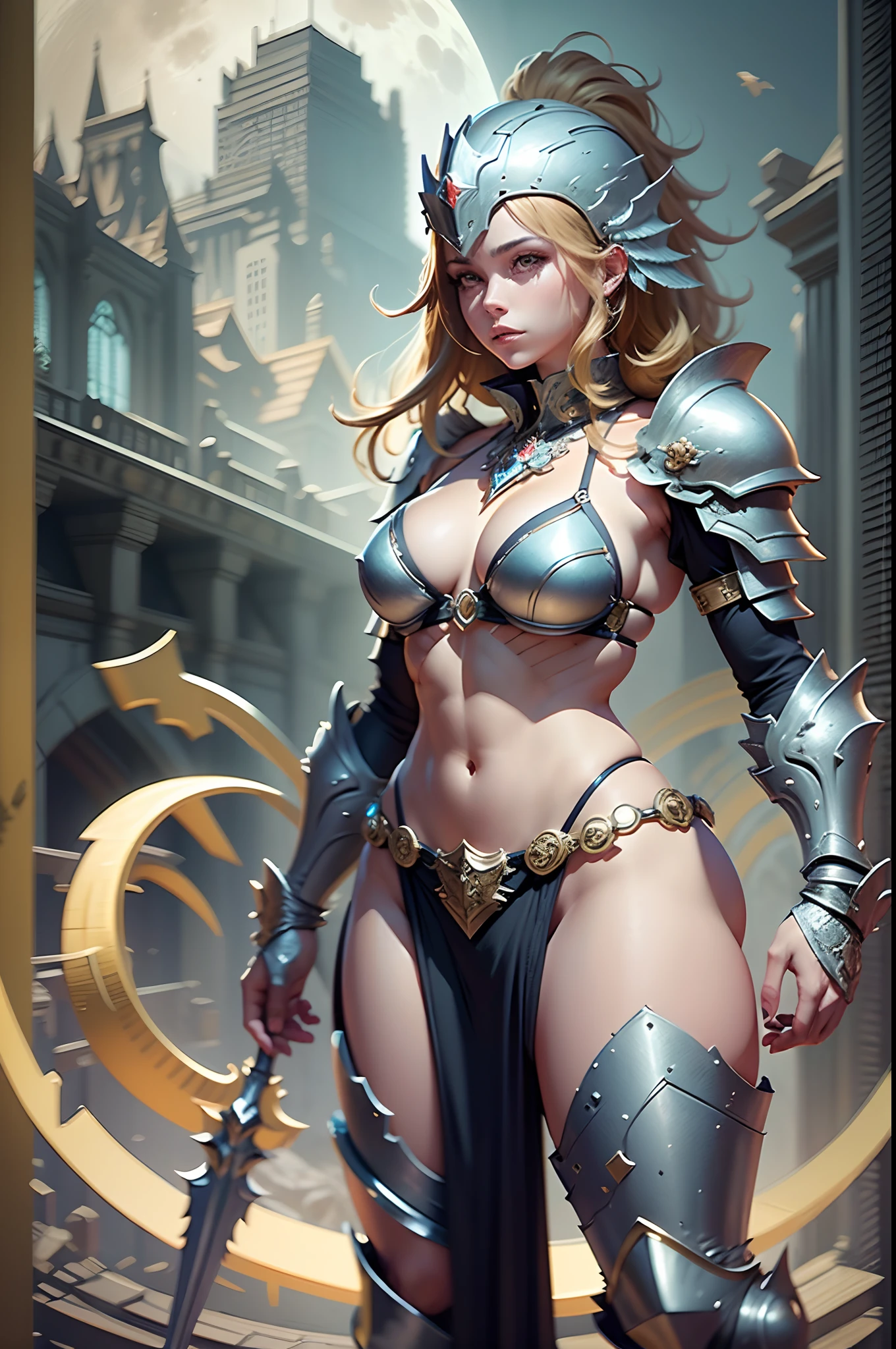 a woman in armor and a helmet is standing in front of a full moon, fantasy woman, fantasy warrior, armor girl, fantasy paladin woman, ornate bikini armor, fantasy character, fantasy armor, fantasy art behance, digital fantasy art ), hyperdetailed fantasy character, bikini armor female knight, fantasy outfit, a fantasy warrior, detailed fantasy digital art