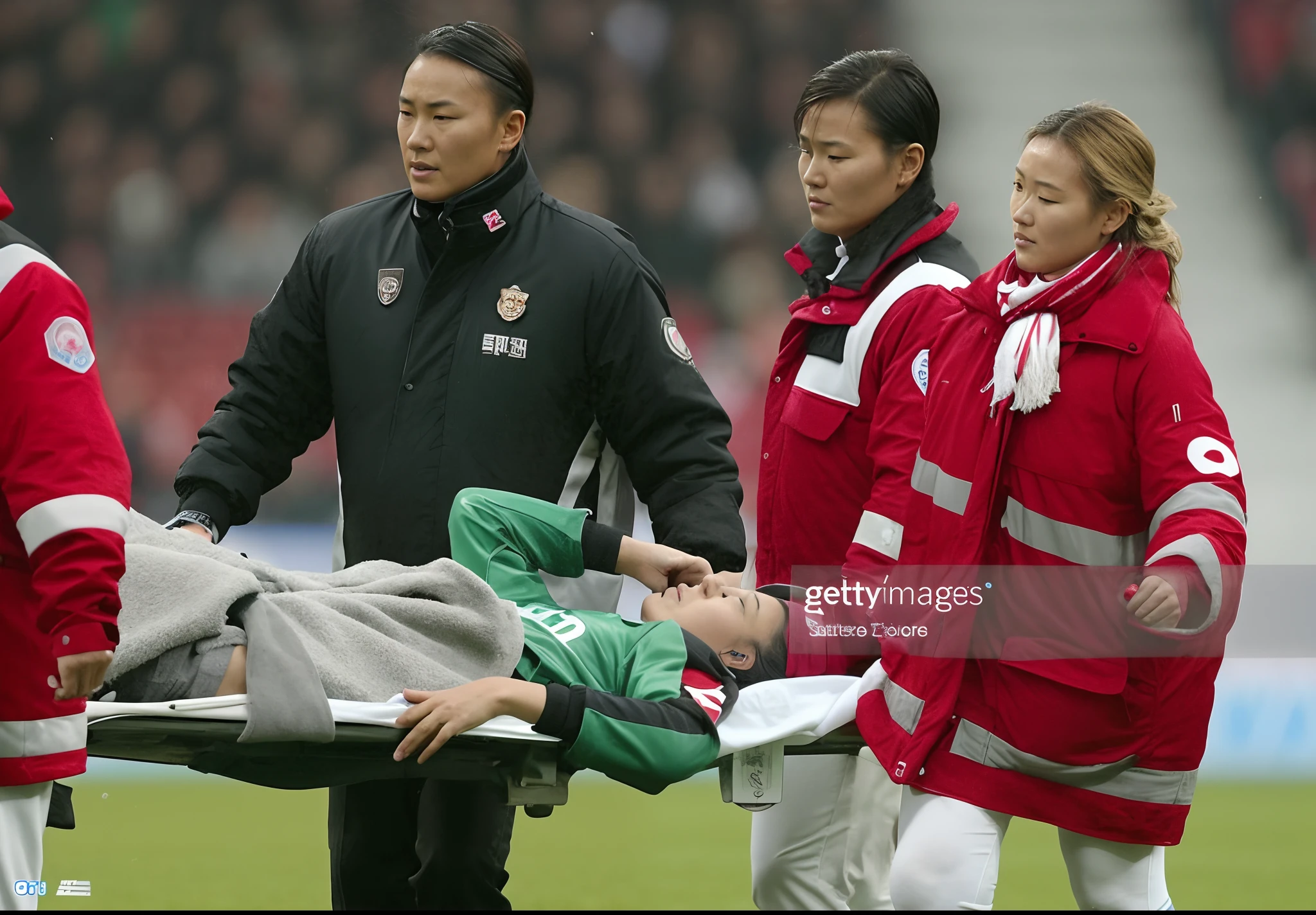 A scene at a soccer stadium in Mongolia, There is an attractive and heavily made-up Mongolian female police officer in a long black leather coat, A Mongolian female police officer in a shiny black leather coat on a soccer field, A Mongolian female police officer is holding a stretcher, A man is lying on the soccer stadium his back with his torso on the right in matt and roughened white and red sportswear on a stretcher, a man lies on a stretcher and has his left arm bent over his face, we only see the torso and thighs of the male athlete who is being carried with the stretcher to the left off the picture, the man lies on his back on the stretcher and covers his face with his bent left arm, the mongolian policewoman is exceptionally heavily made up and has an extremely desperate and very angry expression on her face, high-resolution photo, realistic sports photo, soccer scene, mongolia, mongolian policewoman, uniformed woman in black shiny long leather coat, injury scene, real photo, ultra realistic, high definition, sports photography