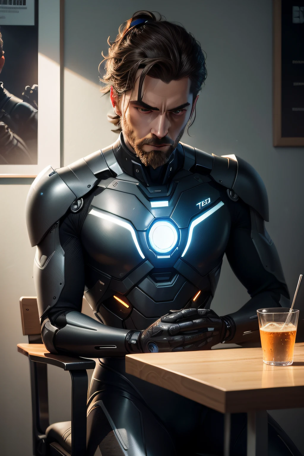 Produce a high-quality image of a grown man in a contemporary setting. He's sitting in a chair, holding a cell phone in your right hand and looking intently at the phone's screen. Certifique-se de que os detalhes do rosto, como rugas, barba, expression in the eyes and hair, are clearly visible and realistic, com um close-up para destacar a textura da pele. A imagem deve ser hiperdetalhada, com detalhes finos e intricadamente detalhados.
Agora, no reflexo da imagem, Create a representation of the same man, mas de forma completamente robotizada. Your skin should look metallic, with brushed steel details, and your eyes should have a bright, artificial appearance. Add visible robotic traces, como linhas de circuito, mechanical parts visible under the skin and a holographic viewfinder in place of the phone's screen. Apply a VHS effect to the image, with ray tracing and subsurface scattering to add a touch of nostalgia.
Ademais, na parede ao fundo, put a movie poster on a poster 1.6 times larger than the standard size. The lighting of the scene should be soft and diffuse, creating a pleasant atmosphere. Use a shallow depth of field to highlight the man and his robotic reflection, while the poster on the wall remains slightly blurry. The scene should convey a sharp contrast between the human man and his robotic version in the reflection of the cell phone.