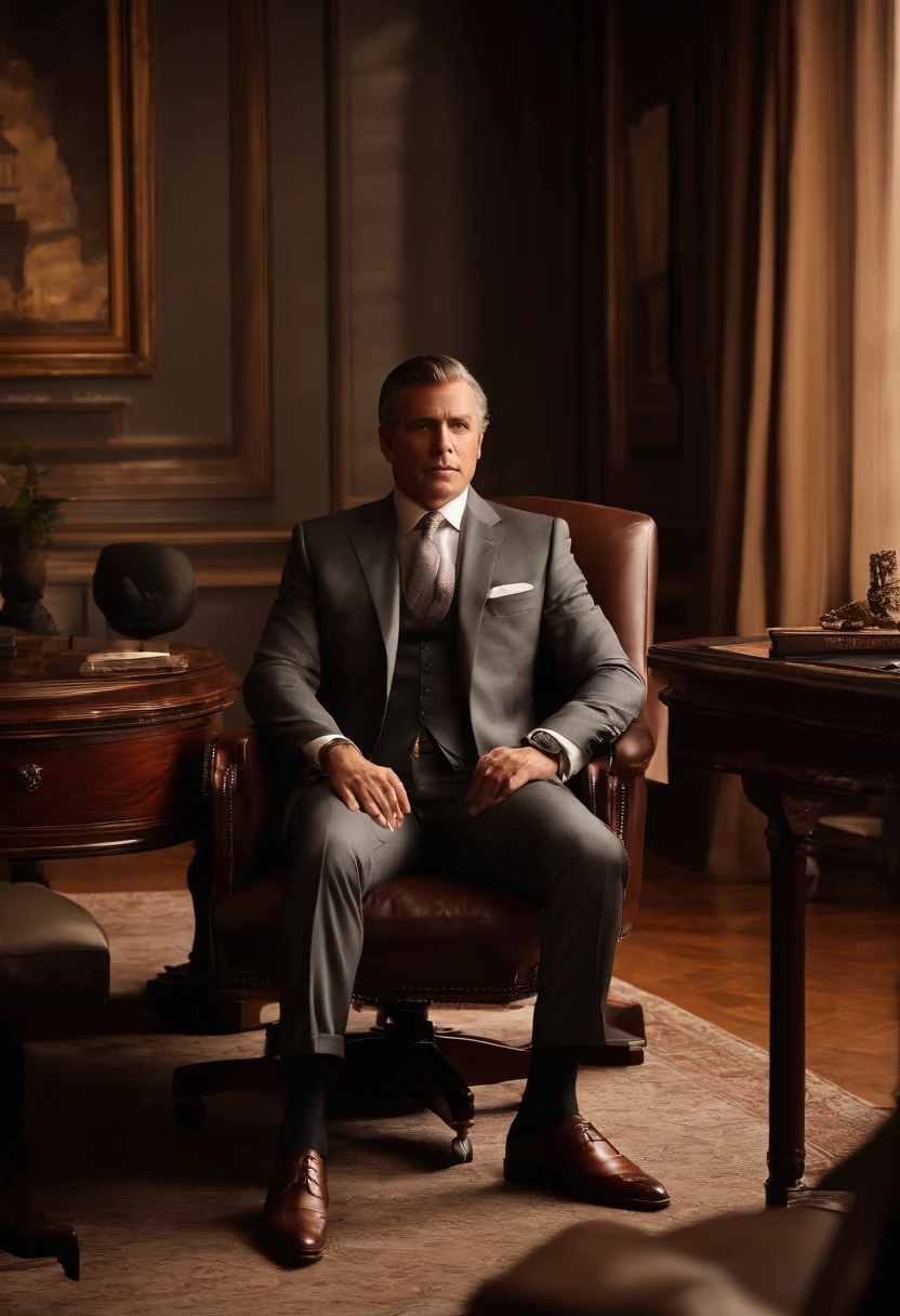 Visualize um homem executivo de meia-idade, wearing a flawless suit and an elegant tie, sitting in a leather armchair facing a wide mahogany table in his luxurious corner office. He has well-combed hair and a serious look, mas confiante, enquanto revisa documentos importantes espalhados pela mesa. A luz suave do abajur de mesa destaca seu rosto e destaca os detalhes de seu terno