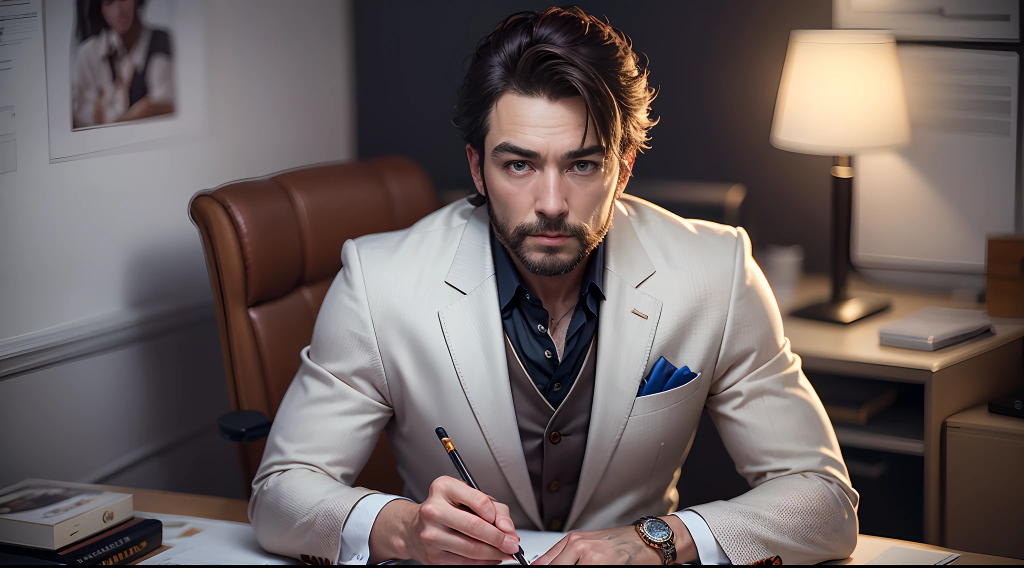 Crie uma imagem ultra realista em imagem real de alta qualidade: a man in an elegant suit sitting behind a luxury office desk, homem barbudo rico, luxo, luxuoso, riqueza, using a high-resolution 8K camera with a professional portrait lens, capturando todas as nuances e texturas em detalhes requintados. Post-processing involves meticulous retouching and color grading to achieve a realistic representation