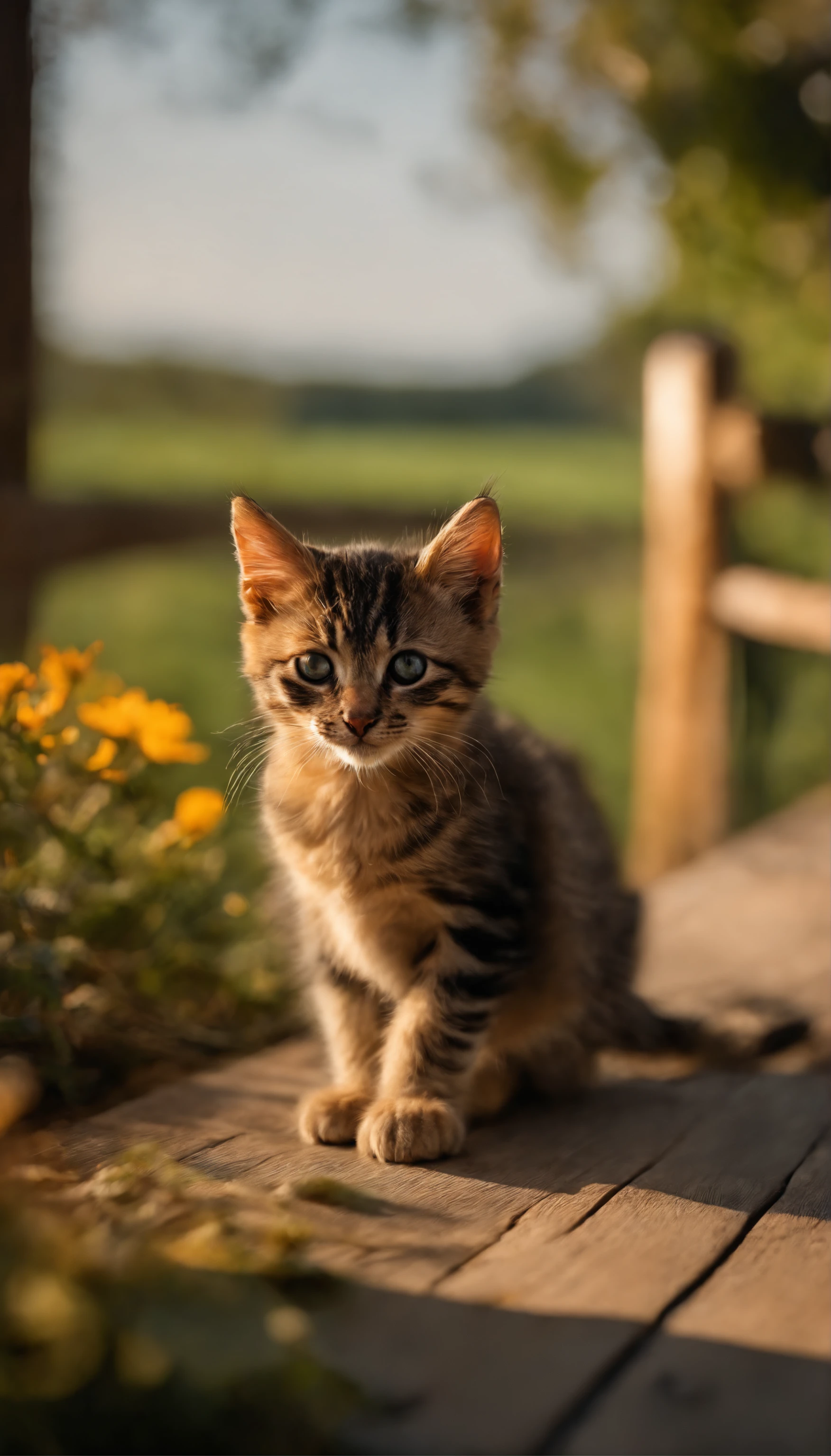 (a small kitten:1.1,big eyes:1.1) sits alone on a park bench, (soft fur) glowing under the warm sunlight. The (rustic wooden bench) is covered with delicate (fallen leaves), creating a cozy and peaceful atmosphere. The (lush green grass) surrounds the bench, providing a vibrant contrast to the kitten's fur. The (soft breeze) gently rustles through the trees, creating a soothing sound. In the background, (colorful flowers) bloom, adding a burst of colors to the scene. The (golden rays of sunlight) caress the kitten's fur, highlighting its innocence and vulnerability. The (subtle shadow) cast by the bench creates depth and dimension to the image. The overall (breathtaking scenery) evokes a sense of tranquility, inviting viewers to immerse themselves in the serenity of the park.