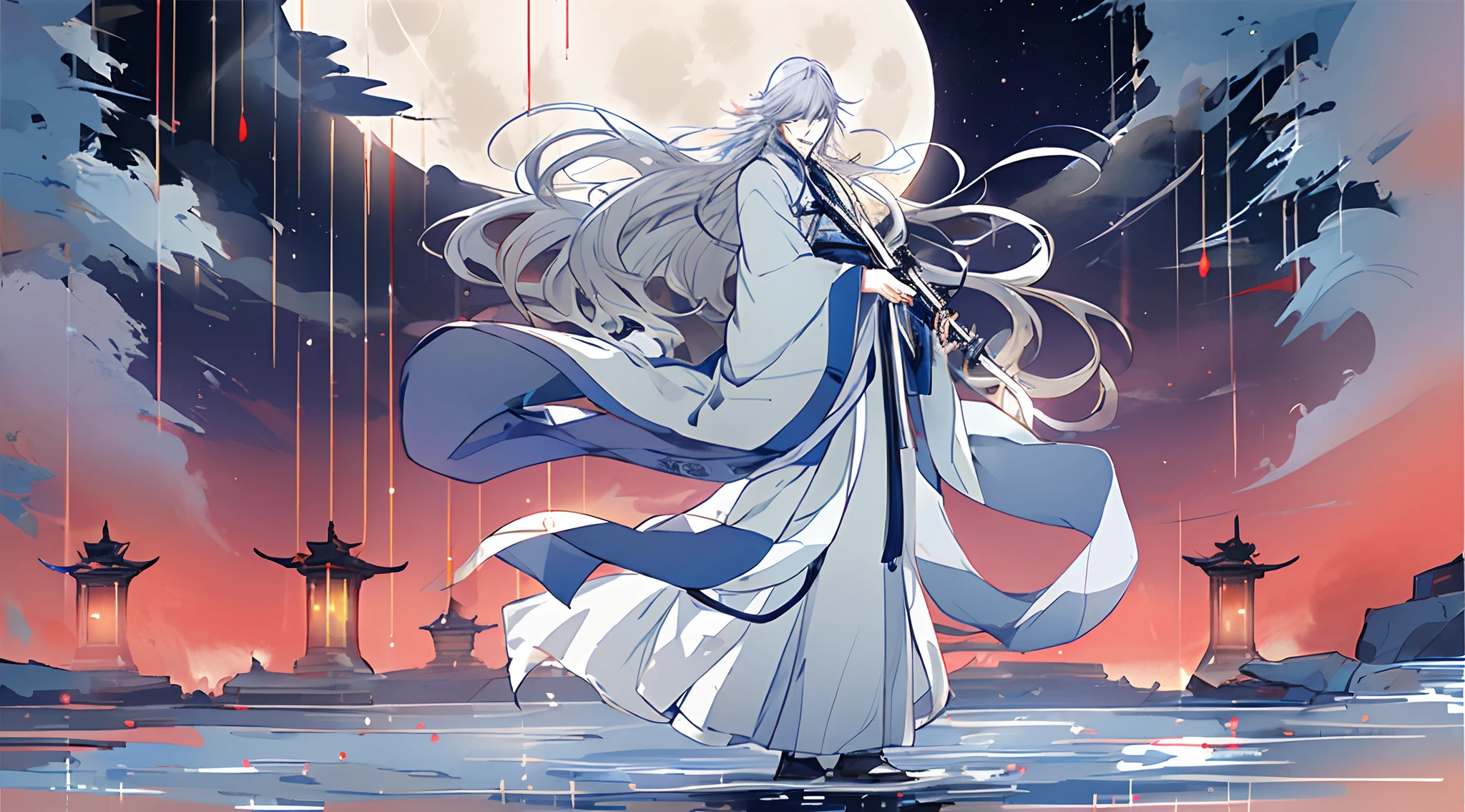 The male，Male，White Hanfu，long  white hair，Long flowing hair，Wide robe with large sleeves，Ancient wind，Solid color clothes，The clothes do not have any patterns，laughingly，softlighting，water ink，Behind it is the full moon，low-saturation，low-contrast，led floodlights