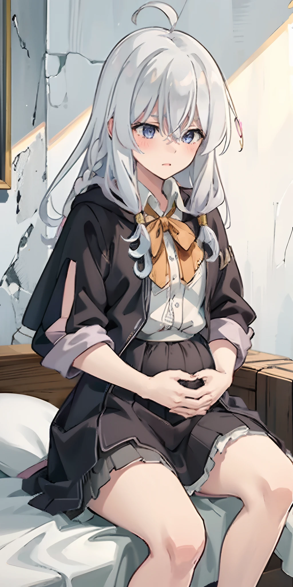 Elaina,anime girl, lie on a bed,white shirt,black skirt,black cloak, pake face, sweating, heavy breath, blushing, pregnant, spread legs, (best quality:1.2), ultra-detailed,realistic ,portraits, vivid colors, soft lighting, interesting PoV,