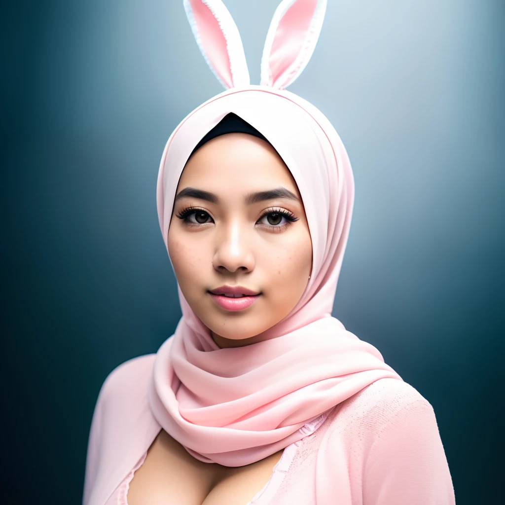 beautiful malay girl with hijab and few freckles, (plain pastel pink hijab), wear bunny costume, (medium shot portrait:1.3), dramatic light , Rembrandt lighting scheme, (hyperrealism:1.2), (8K UHD:1.2), (photorealistic:1.2), shot with Canon EOS 5D Mark IV, detailed face, detailed skin texture, show cleavage, big tits, thigh thick, beautiful body, wear cute headphone