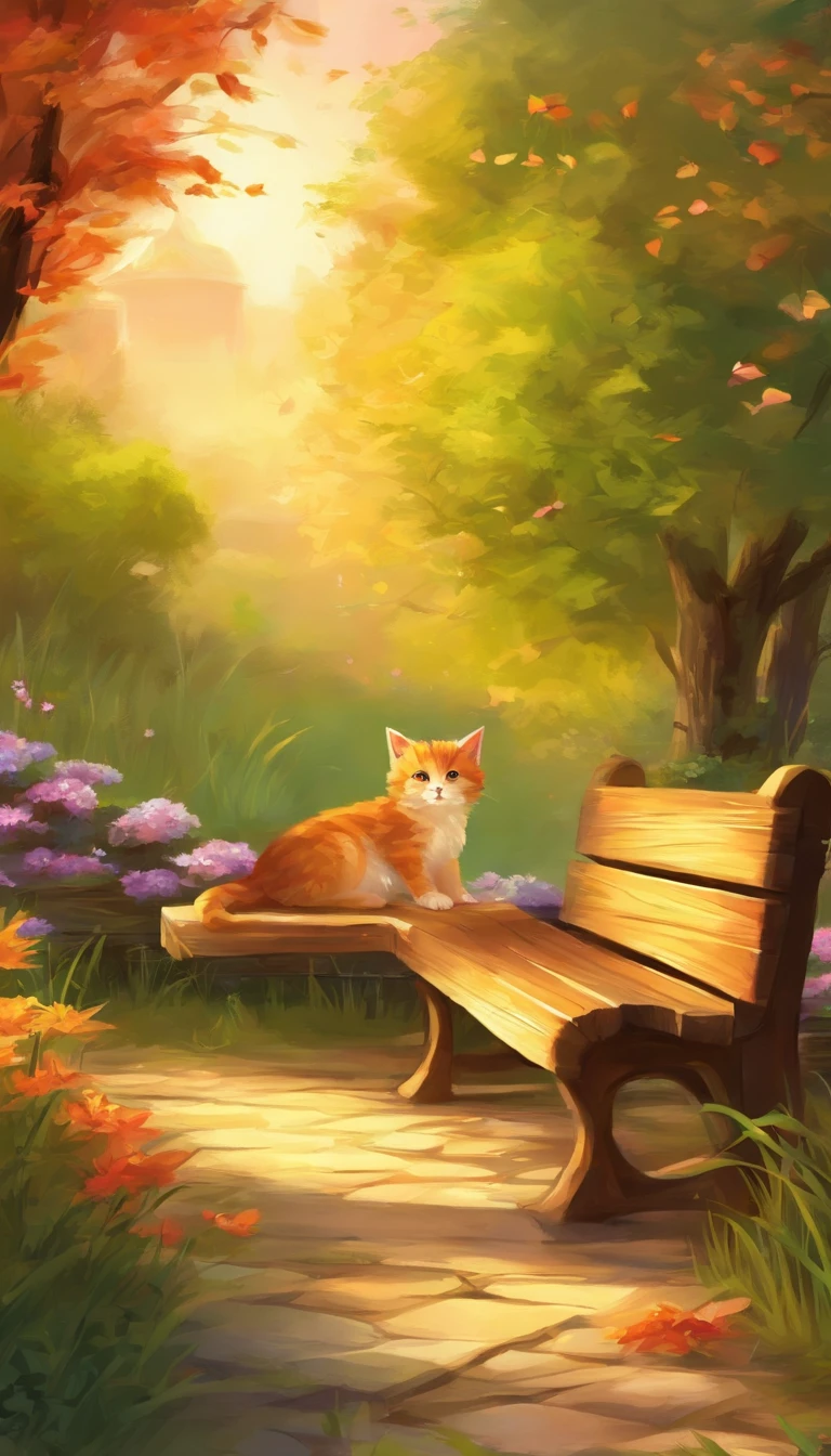 (a small kitten:1.1,big eyes:1.1) sits alone on a park bench, (soft fur) glowing under the warm sunlight. The (rustic wooden bench) is covered with delicate (fallen leaves), creating a cozy and peaceful atmosphere. The (lush green grass) surrounds the bench, providing a vibrant contrast to the kitten's fur. The (soft breeze) gently rustles through the trees, creating a soothing sound. In the background, (colorful flowers) bloom, adding a burst of colors to the scene. The (golden rays of sunlight) caress the kitten's fur, highlighting its innocence and vulnerability. The (subtle shadow) cast by the bench creates depth and dimension to the image. The overall (breathtaking scenery) evokes a sense of tranquility, inviting viewers to immerse themselves in the serenity of the park.