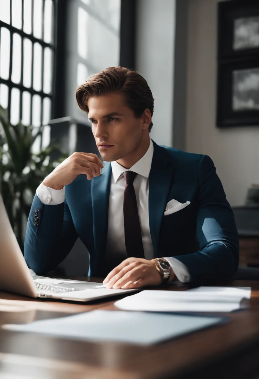 Imagine a young business executive, com cerca de trinta anos, sitting in his modern, well-lit office. He wears an elegant flawless cut suit and a well-fitting tie. Her carefully combed hair shows a touch of sophistication, and his eyes reflect determination and ambition. He's focused on his laptop, where you analyze charts and reports, while the natural light coming in through the window highlights his confident and focused expression