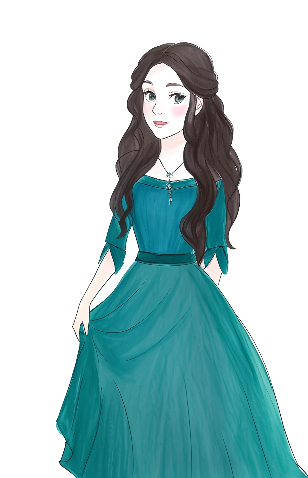 um desenho de uma mulher em um vestido verde com um fundo preto, Luthien, No estilo de arte Bowater, inspirado em Thyrza Anne Leyshon, Inspirado em Reyna Rochin, inspirado em Sophie Pemberton, colorful sketch, portrait of princess merida, inspirado em Isobelle Ann Dods-Withers, inspirado em Constance-Anne Parker