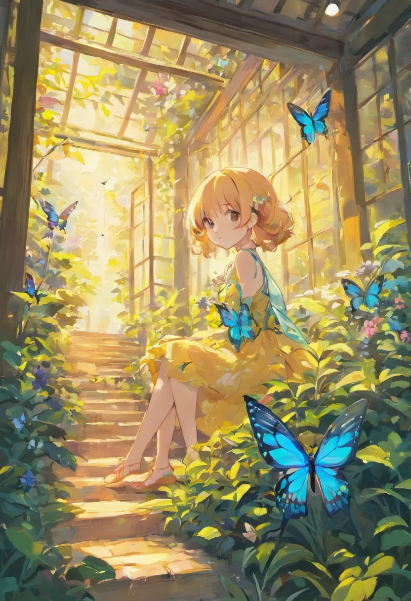 ((Butterfly garden illustration))，The painting style is fresh，Os detalhes realistas，jardim borboletas, flores, cores candy, rosa, azul claro, amarelo, passarinhos