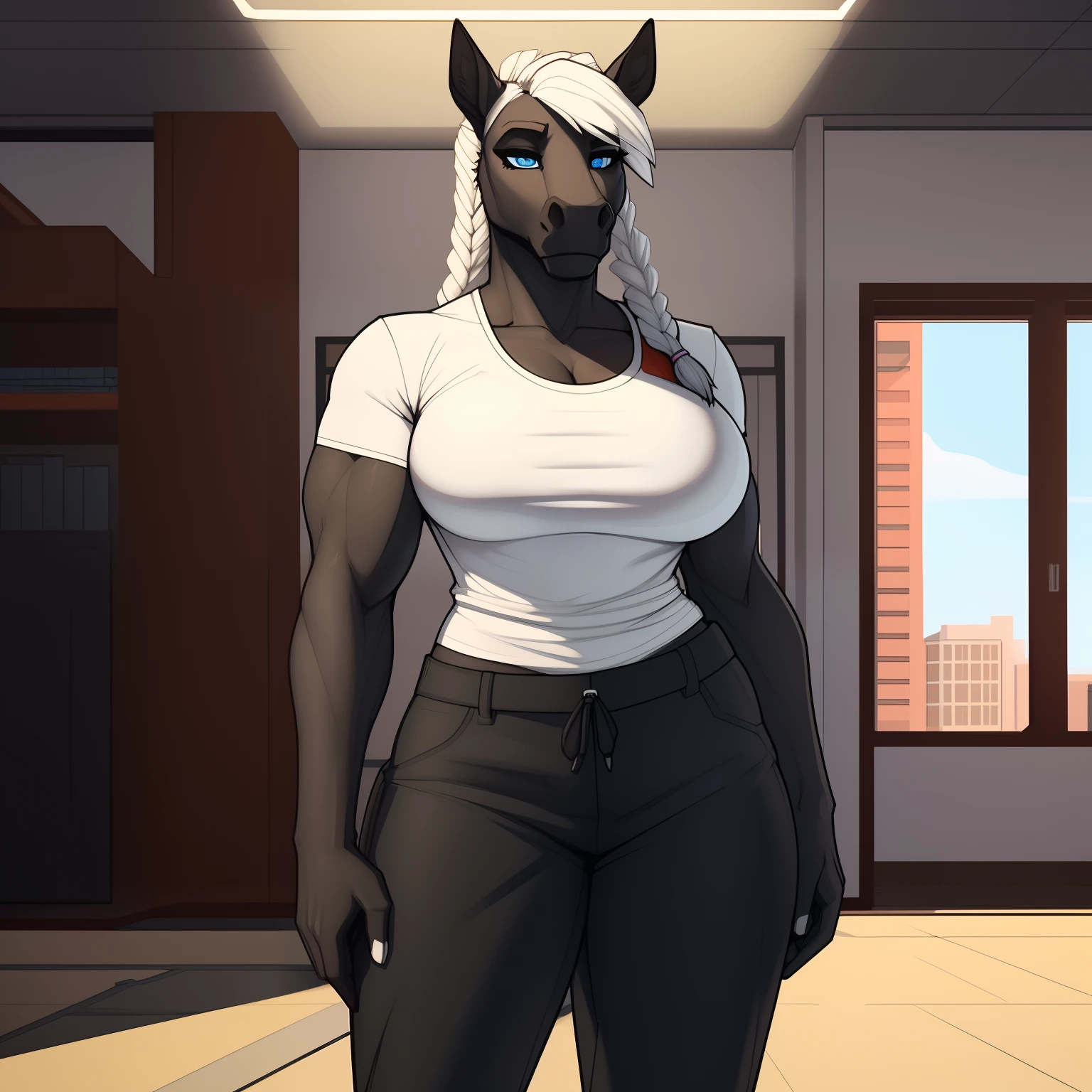 Tall_muscular_mature_horse female white_mane long_single_braid dark_gray_furry_body blue_eyes gym_shirt pants solo Masterpiece best_quality absurdres highly_detailed cleanly_drawn_eyes anthro_only by_claweddrip, by_greasymojo, by_underscore-b, by_runawaystride