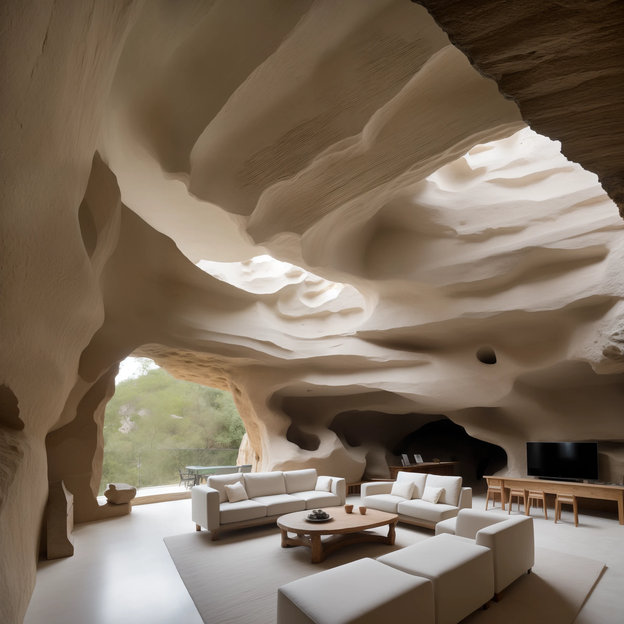 a modern and luxurious house carved into the side of a limestone cliff, creating the illusion of a natural cave dwelling. Inside, you'll find contemporary amenities juxtaposed with the raw beauty of the cave walls. Imagine relaxing in a spacious living room while gazing at the stunning rock formations that adorn the interior. This cave house offers an elegant fusion of nature and design.