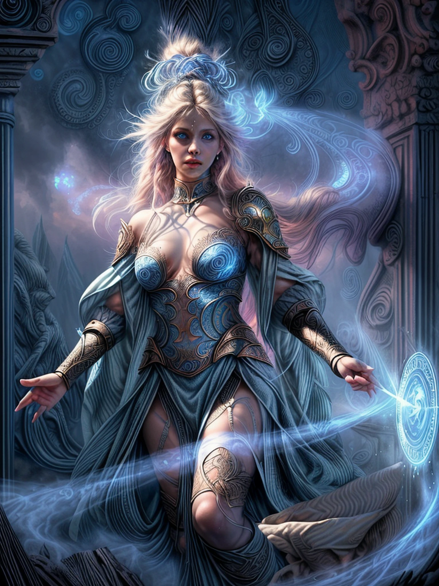 high details, best quality, 16k, [ultra detailed], masterpiece, best quality, (extremely detailed), dynamic angle, ultra wide shot, photorealistic, fantasy art, dnd art, rpg art, realistic art, magv1ll an ultra wide picture of a female human (1.5 intricate details, Masterpiece, best quality) goddess of light ((blue radiant aura)), controlling a swirling blue radiant magic (1.5 intricate details, Masterpiece, best quality), manipulating purple radiant magical symbols, divine symbols (1.5 intricate details, Masterpiece, best quality), human female, blond  hair, long hair with aura, hair with blue radiant eyes, intense eyes, ((radiant eyes)), (( blue glowing eyes)), dynamic clothing, fantasy sky, clouds, celestial  background, ((divine worship atmosphere)), high details, best quality, highres, ultra wide angle