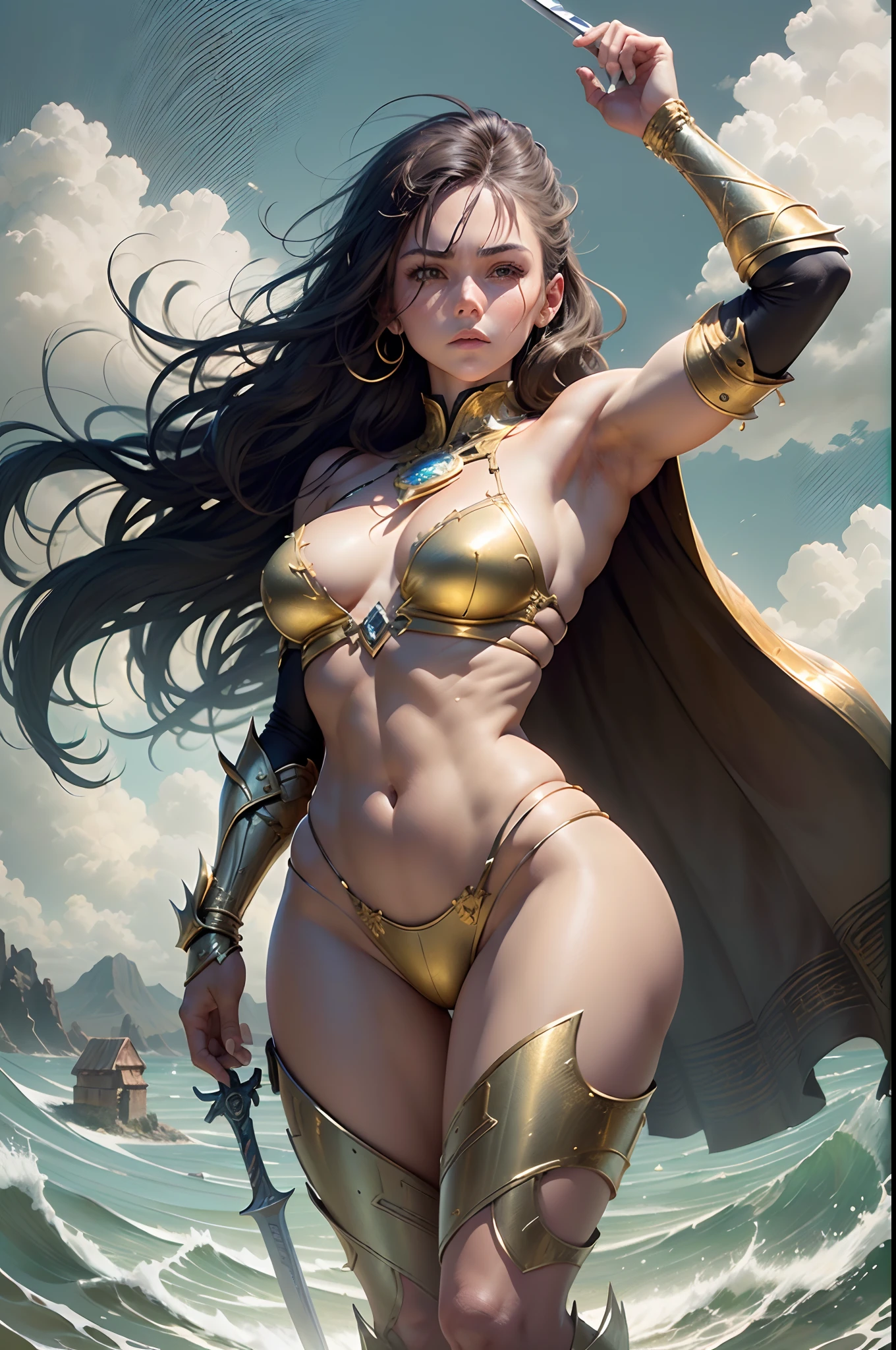 ((masterpiece, best quality, (extremely detailed CG unity 8k wallpaper), (best quality), (best illustration), (best shadow), The warrior amazonian girl stands tall in the center of a vast, open plain. She is tall and muscular, with a powerful and athletic build. Her skin is a rich, warm bronze color, and her hair is long and wild, flowing down her back in thick, dark waves. She wears a suit of bikini gold armor that show clearly her stomach, with intricate designs etched into the metal,emphasizing her curves and strength. Her left arm is covered in a golden gauntlet, with sharp, pointed edges.))

(In her right hand, she holds a long, curved sword, its blade glinting in the sunlight. The sword is decorated with intricate designs and patterns, and its grip is wrapped in soft, supple leather. She holds the sword with confidence and ease, her arm held high and her grip firm.)

Behind her, the open plain stretches out as far as the eye can see, with rolling hills and distant mountains. In the distance, you can see a small village, with thatched roofs and wooden huts. The sky overhead is clear and bright, with a warm, golden light that bathes the warrior girl in a soft glow.

The girl’s expression is fierce and determined, her eyes bright and focused. She is ready for anything, prepared to defend her people and her land with all of her strength and skill. Despite her formidable appearance, there is a sense of grace and beauty to her, a reminder that even in the midst of battle and conflict, there is still room for elegance and refinement.