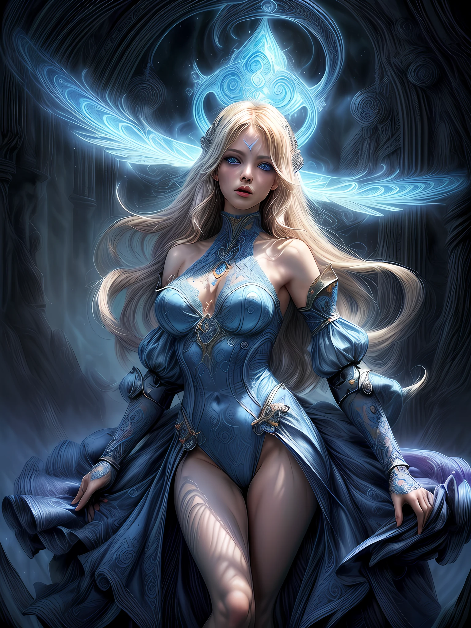 a beautiful demonic sorceress conjuring ice,standing and looking at viewers, various ice chains around her,(((detailed perfect face))),light smile, beautiful face, seductive body,tall body, mature body, BREAK frost aura, ice spear, lots of ice shard, blue and white ice shard dazzling around, small ice phoenix flying in the background, crystal and snow on the ground, blizzard, sexy body BREAK,Detailed,Realistic,4k highly detailed digital art,octane render, bioluminescent, BREAK 8K resolution concept art, realism,by Mappa studios,masterpiece,best quality,official art,illustration,ligne claire,(cool_color),perfect composition,absurdres, fantasy,focused,rule of thirds,