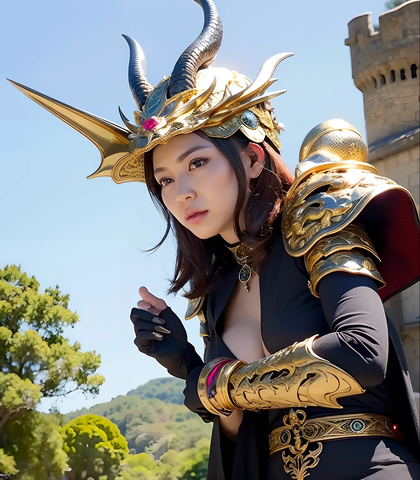 Professional , masterpiece、top-quality、photos realistic , 、top-quality、超A high resolution、(Photorealsitic:1.4)、Raw photo、depth of fields (Gemstone Gold Metal Body:1.9),(Matte White、Toostock、cleavage of the breast、(cleavage of the breast)、(Detailed Dragon Armor)、(Have the strongest weapon)、((Random Hairstyles 1.6),Dark Fantasy,)explosions、intense fighting、(Precipitous cliffs),Dragon Gold Weapon,Mystical expression、Particles of light、Fight dragons、(Detailed Dragon Helmet),Gorgeous Silver Weapons ,(( Dragon's dense and gorgeous sword)) , Beautiful knife ,warhammer 40k ,Detail and gorgeous crown、((Blue hair))、(Castle background)、、((Gangle's forest background))、Beautiful Caucasian beauty、1a person、dynamic ungle,((()))、Smaller head、A smile、Castle background、Thin and beautiful female hands、cleavage of the breast、Soldier in iron armor on background、Mystical expression、Light Effects、intense fighting、Wind-effect、magic circles、With the legendary magic wand、(demonic wings)、Toostock、