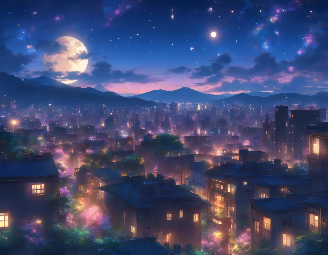 A city with a full moon and stars in the sky - SeaArt AI