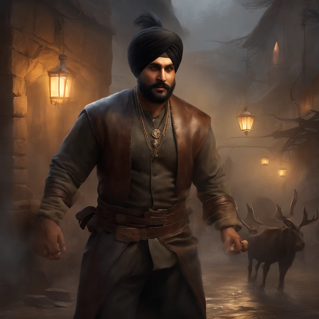 (professional 3d render:1.3) af (Realistic:1.3) most beautiful artwork photo in the world，Features soft and shiny male heroes, ((Epic Punjabi singer sidhu moose wala  wearing a black turban on head, rough wet hero angry look long hair short beard and ferocious expression in dynamic pose, Fantastic location, Majestic cluttered environment)), full body 8k unity render, action  shot, skin pore, very dark lighting, heavyshading, Detailed, Detailed face, (vibrant, photograph realistic, Realistic, Dramatic, Dark, Sharp focus, 8K), (Old leather garments damaged by weathering:1.4), ((((Wear fur)))), (Intricate:1.4), decadent, (Highly detailed:1.4), Digital painting, rendering by octane, art  stations, concept-art, smooth, Sharp focus, illustration, Art germ, (loish:0.23), wlop ilya kuvshinov, and greg rutkowski and alphonse mucha gracias, (Global illumination, Studio light, volumettic light), heavy rain, particles floating, lotr, fantasy, elf, full bodyesbian, ((Dark and ancient city background:1.3)),CGSesociety,art  stations